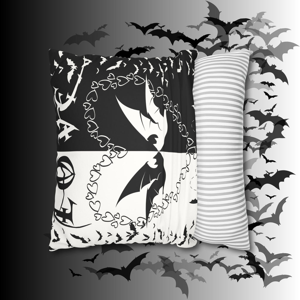 Gothic Bats Heart Throw Pillow — Black White Halloween Dark Home Decor