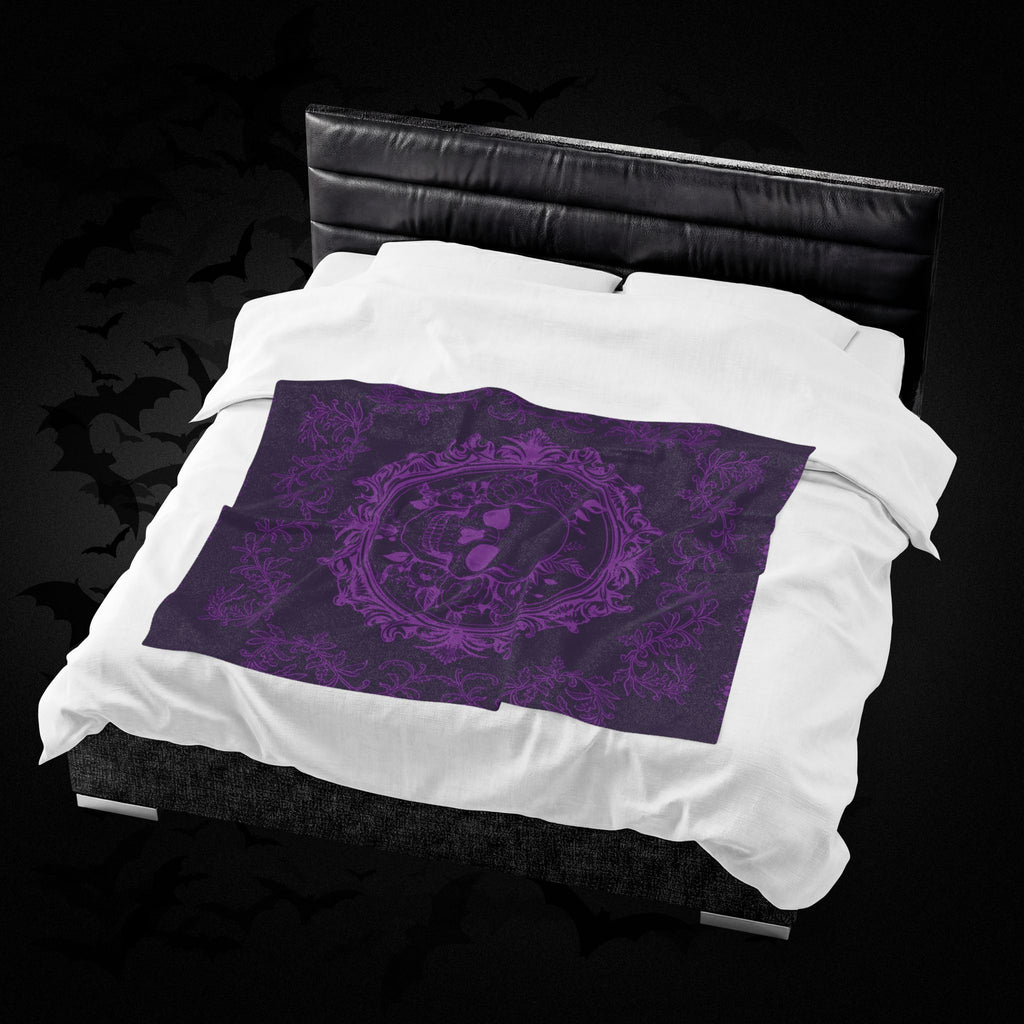 Gothic Purple Skull Botanical Throw Blanket — Tonal Dark Elegance