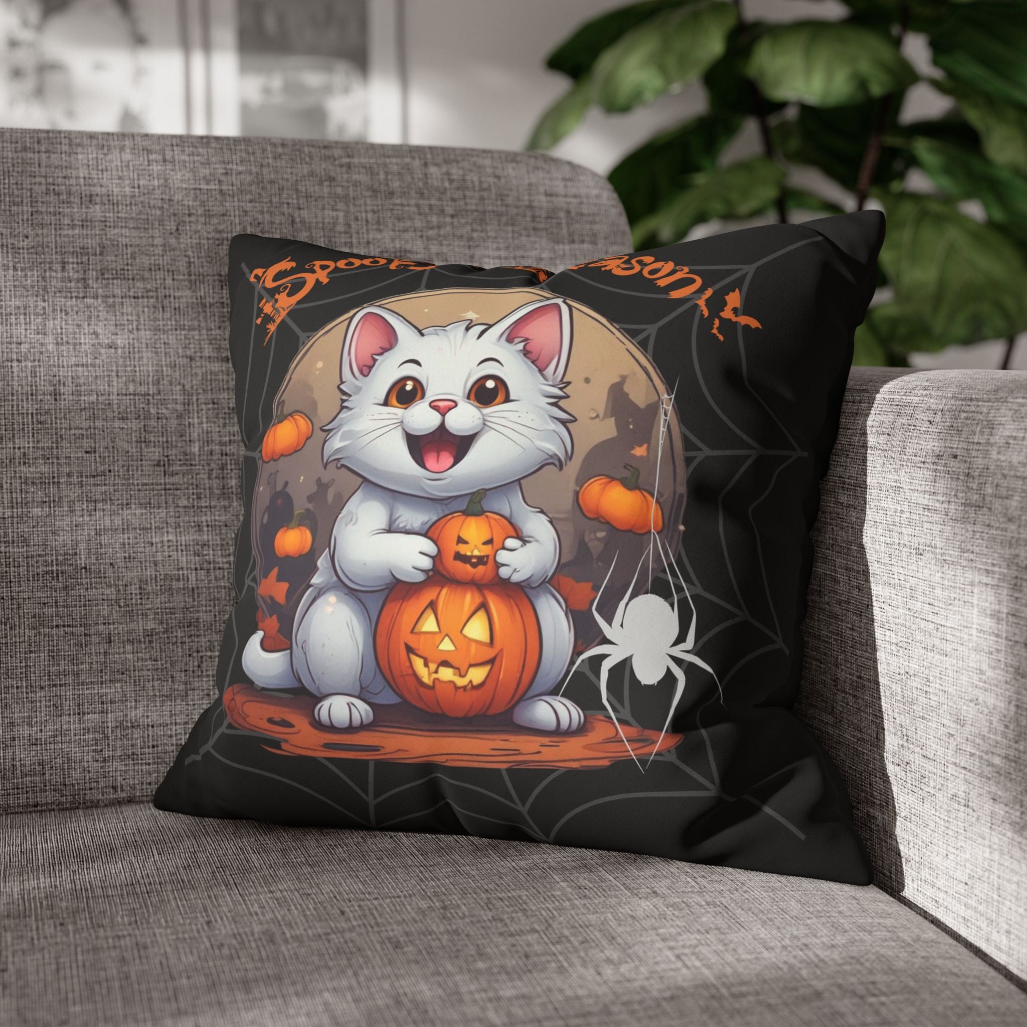 Spooky Season Cat Halloween Throw Pillow — Pumpkin Dark Home Decor