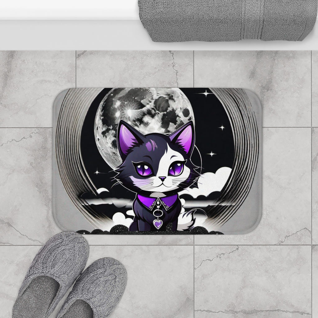 Pastel Goth Black Cat Full Moon Bath Mat — Witchy Bathroom Decor