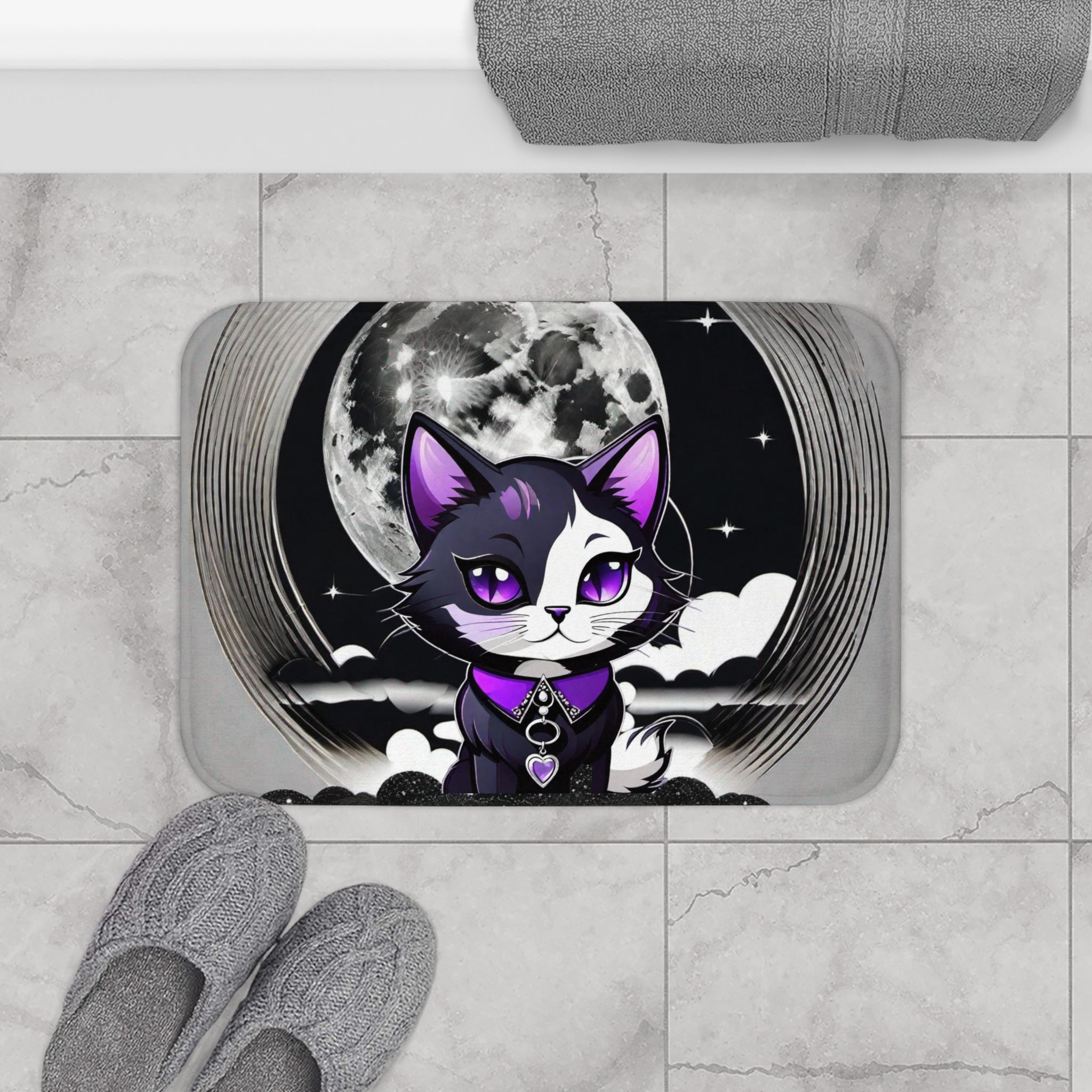 Pastel Goth Black Cat Full Moon Bath Mat — Witchy Bathroom Decor