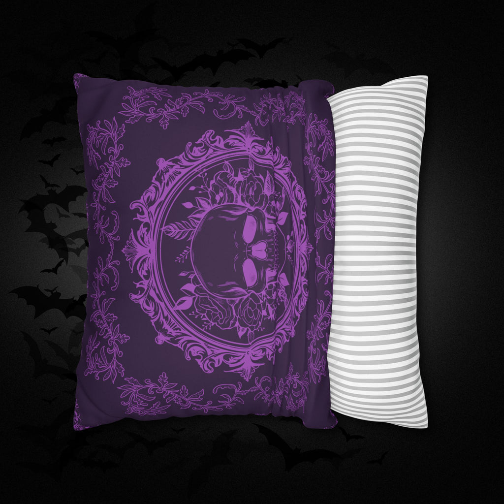 Purple Gothic Floral Skull Throw Pillow — Baroque Botanical Dark Home Decor