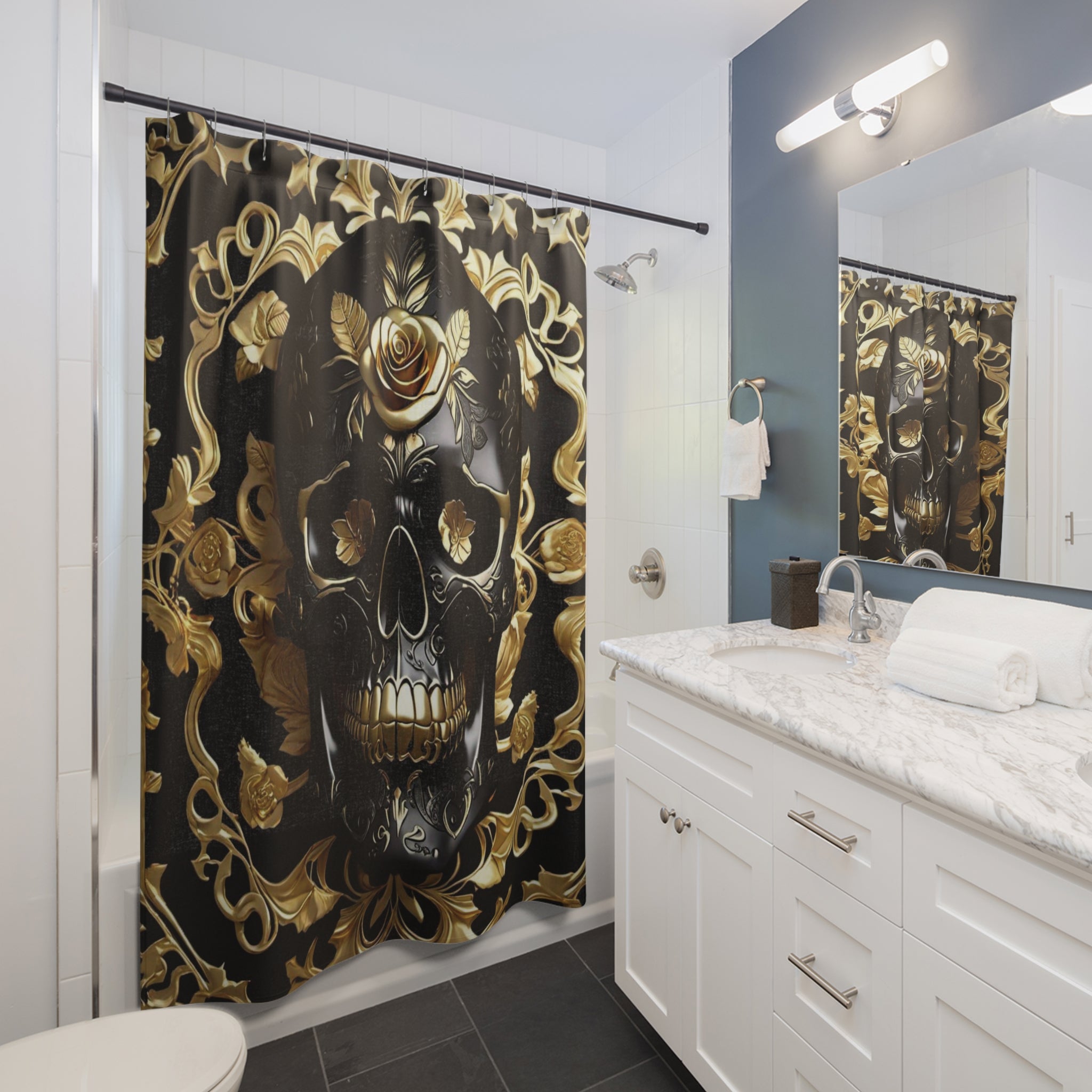 Gothic shower curtain with a large black skull with a gold rose crown surrounded by gold baroque scrollwork and roses on a deep black background displayed in a white bathroom