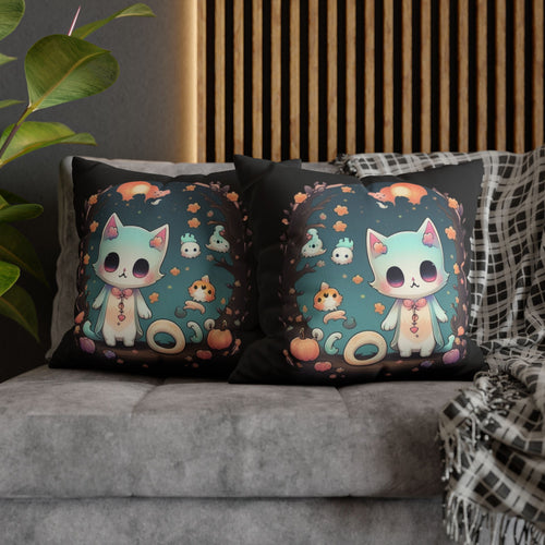 Two square throw pillows on a grey sofa featuring a wide-eyed pale blue kawaii cat in a pink bow tie and heart charm surrounded by tiny ghost creatures, a round hamster companion, mini pumpkins, pastel orange flowers, and a soft orange moon above gnarled branches inside a deep teal vignette on black