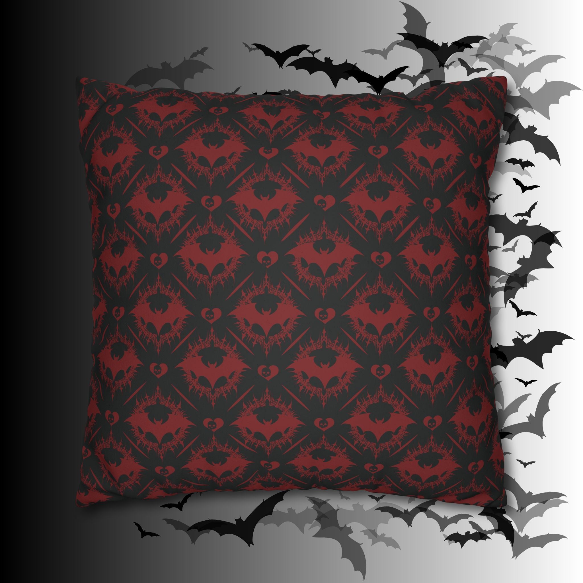 Gothic Bat Diamond Pattern Throw Pillow — Midnight Black Dark Home Decor