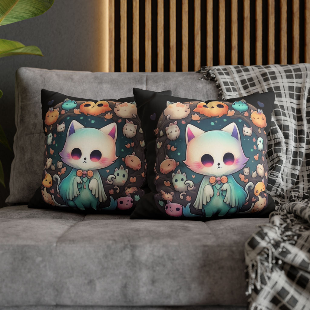 Creepy Cute Kawaii Ghost Cat Throw Pillow — Pastel Goth Dark Home Decor