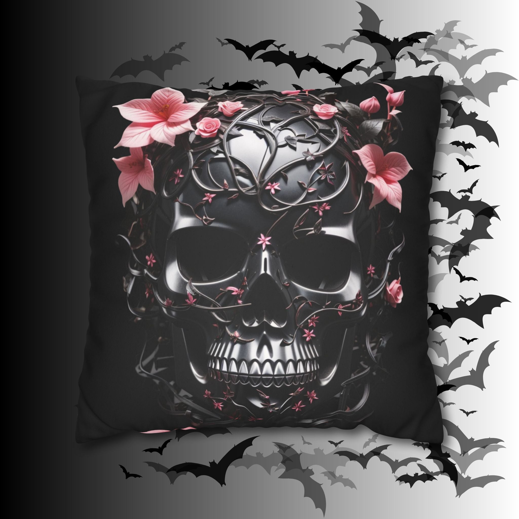 Gothic Botanical Skull Throw Pillow — Dark Floral Pastel Goth Home Decor
