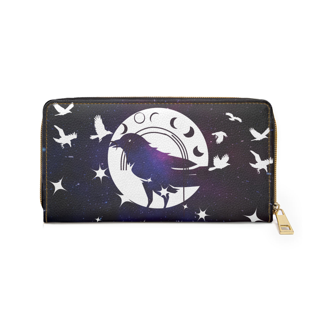 Gothic Celestial Raven Moon Wallet | Witchy Faux Leather Zipper Clutch