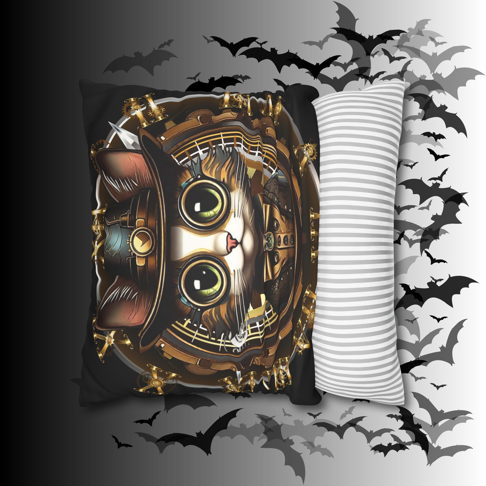 Steampunk Cat Throw Pillow — Vintage Industrial Gothic Home Decor
