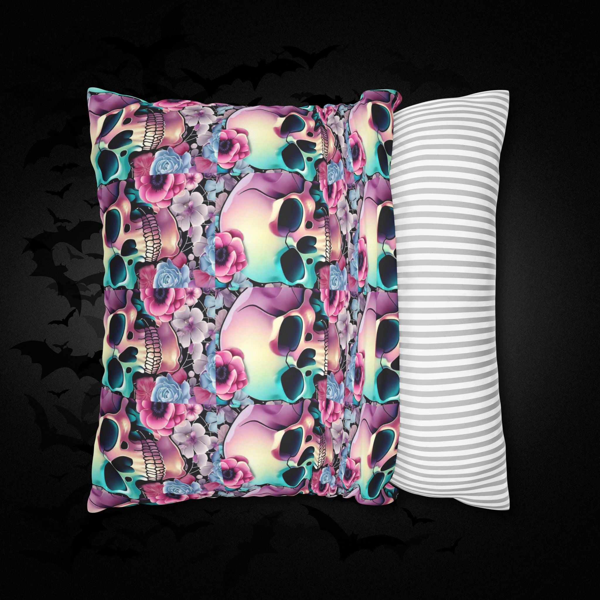 Pastel Goth Floral Skull Throw Pillow — Dark Floral Emo Home Decor