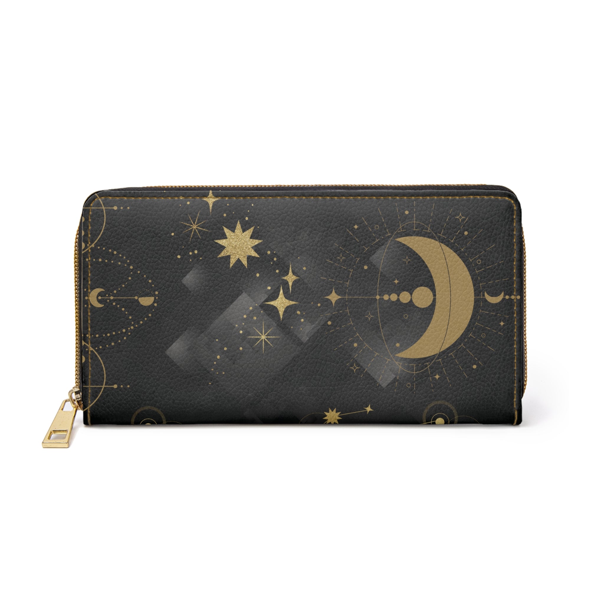 Gold Celestial Moon & Stars Wallet | Witchy Constellation Faux Leather Zipper Clutch