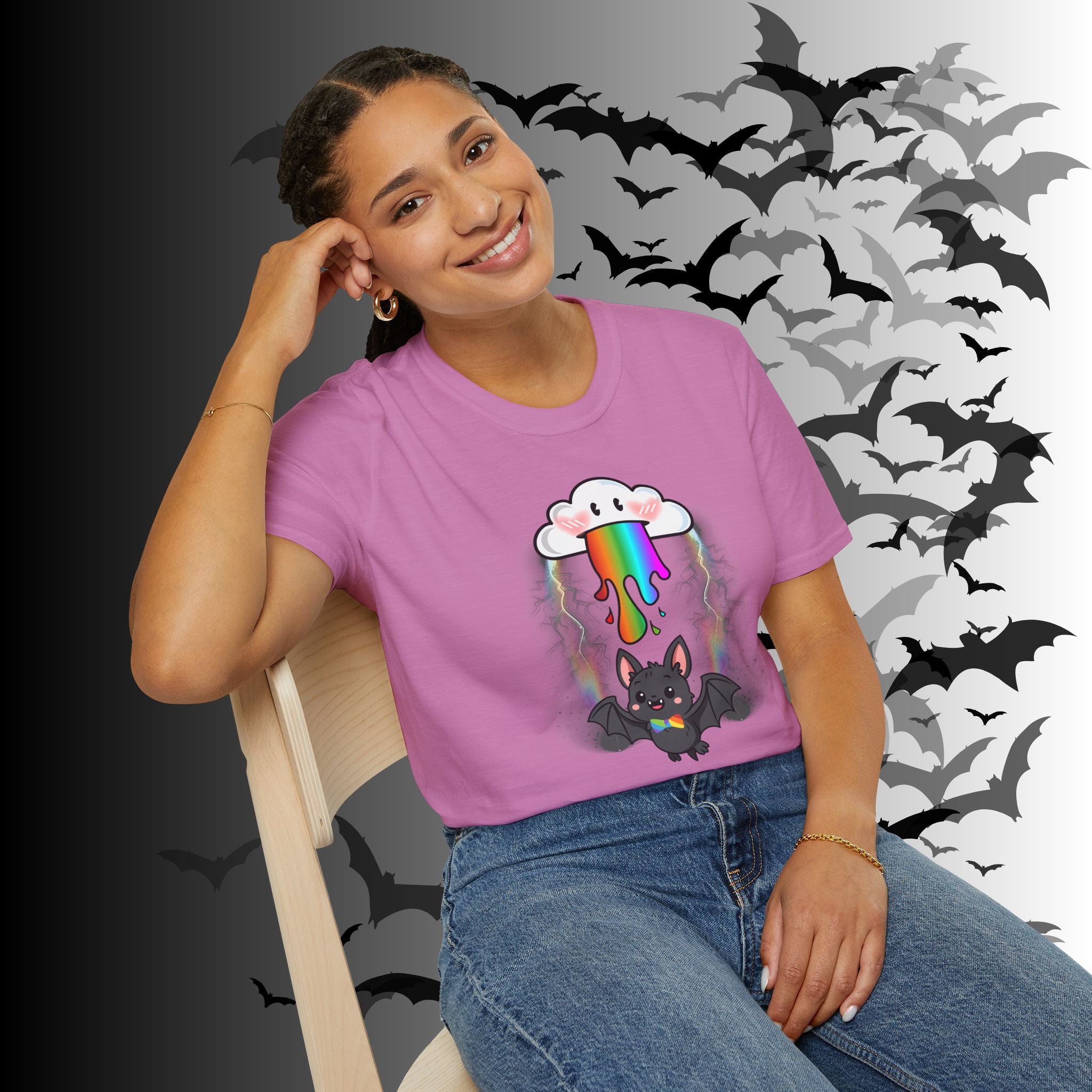 Rainbow Vomit Cloud Bat T-Shirt — Kawaii Goth Pride Unisex Tee