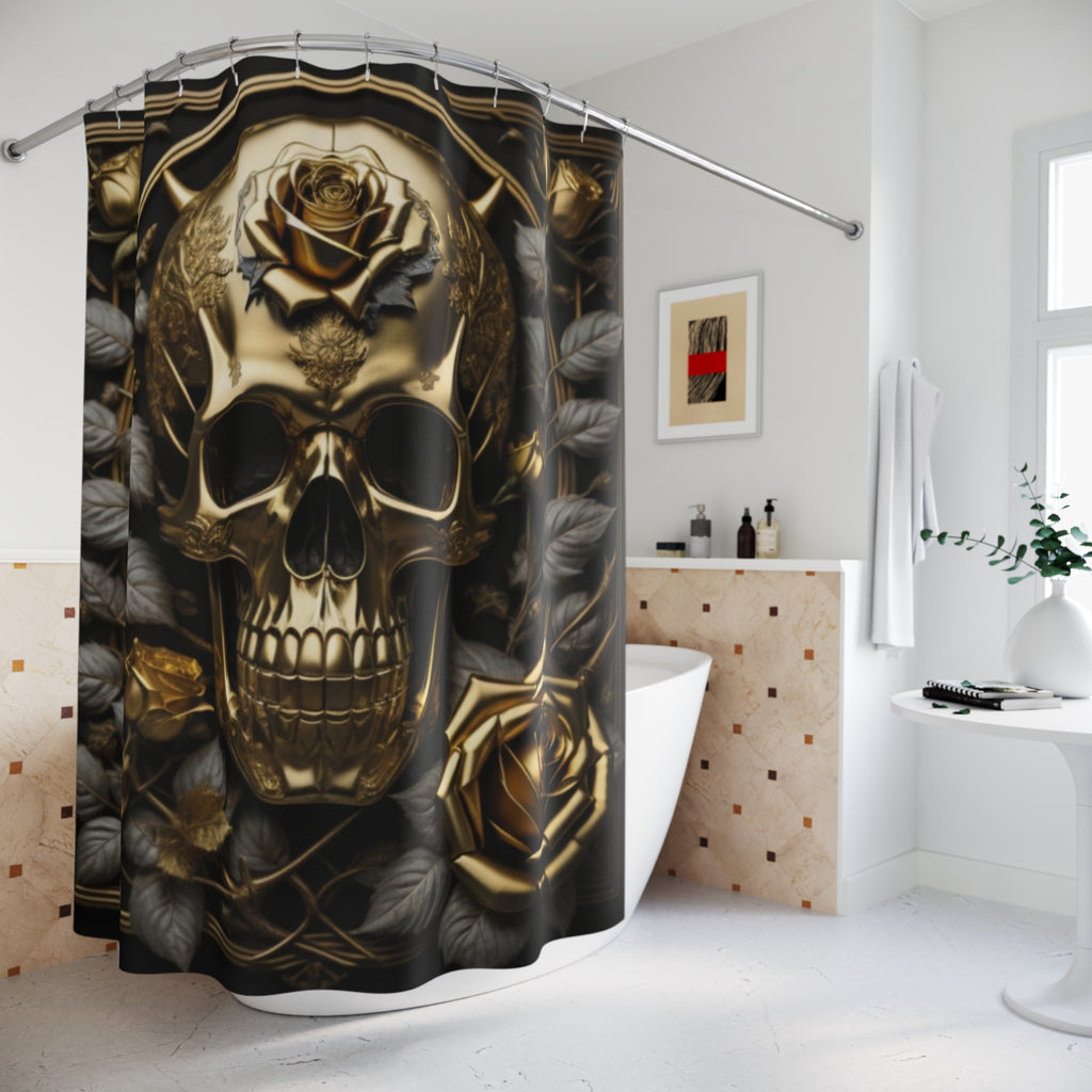Gothic Black & Gold Skull Rose Shower Curtain — Gothic Glam Bathroom Decor