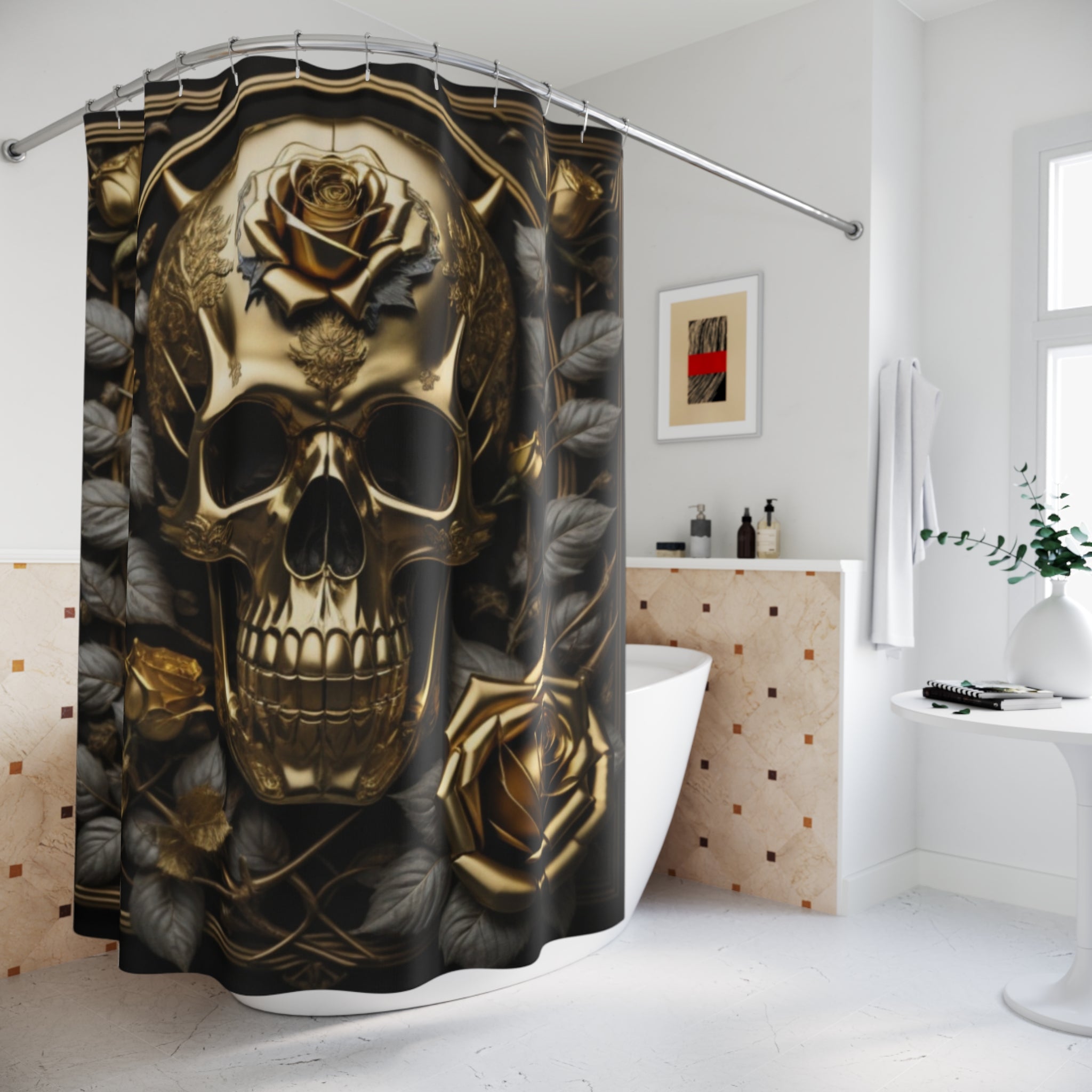 Gothic Black & Gold Skull Rose Shower Curtain — Gothic Glam Bathroom Decor