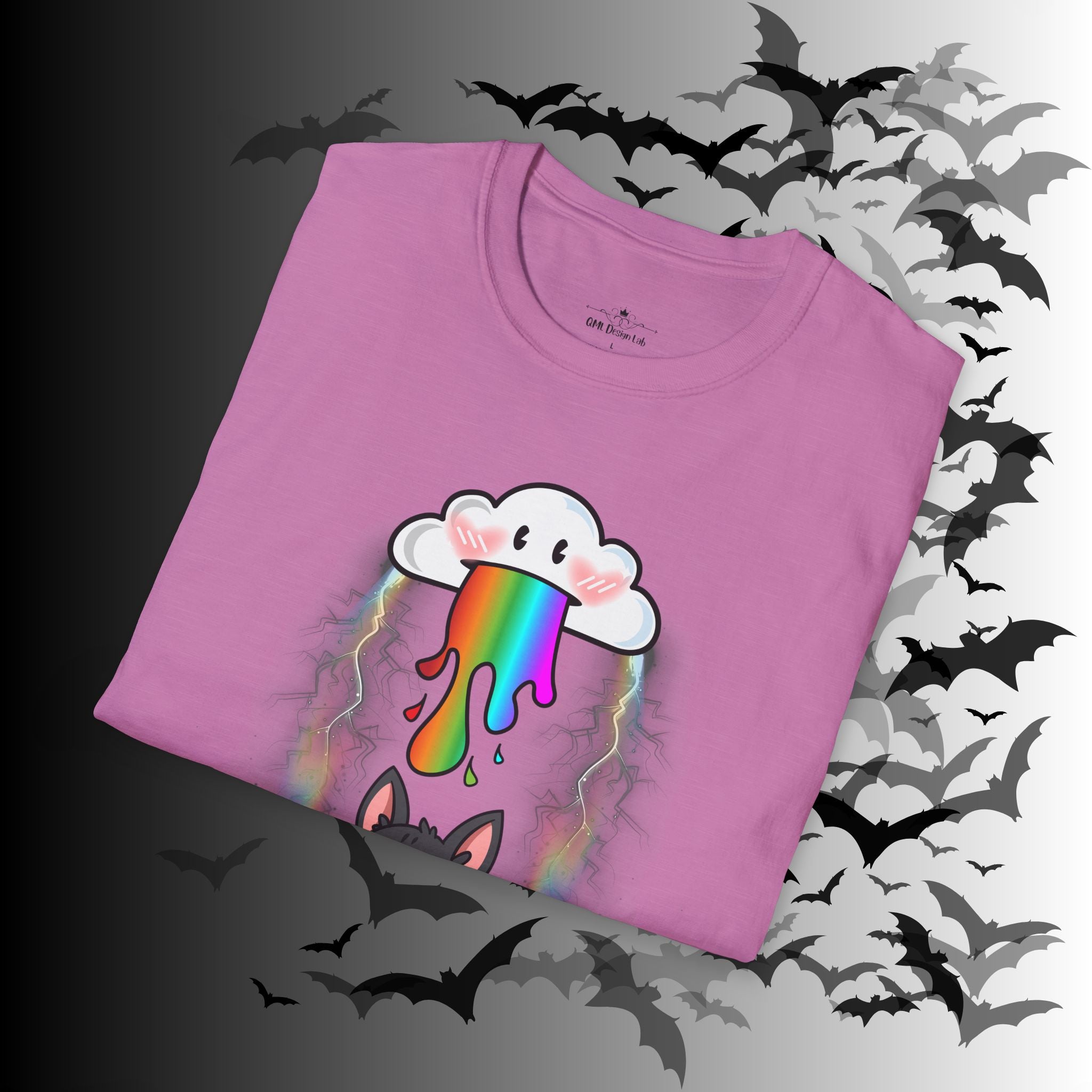 Rainbow Vomit Cloud Bat T-Shirt — Kawaii Goth Pride Unisex Tee