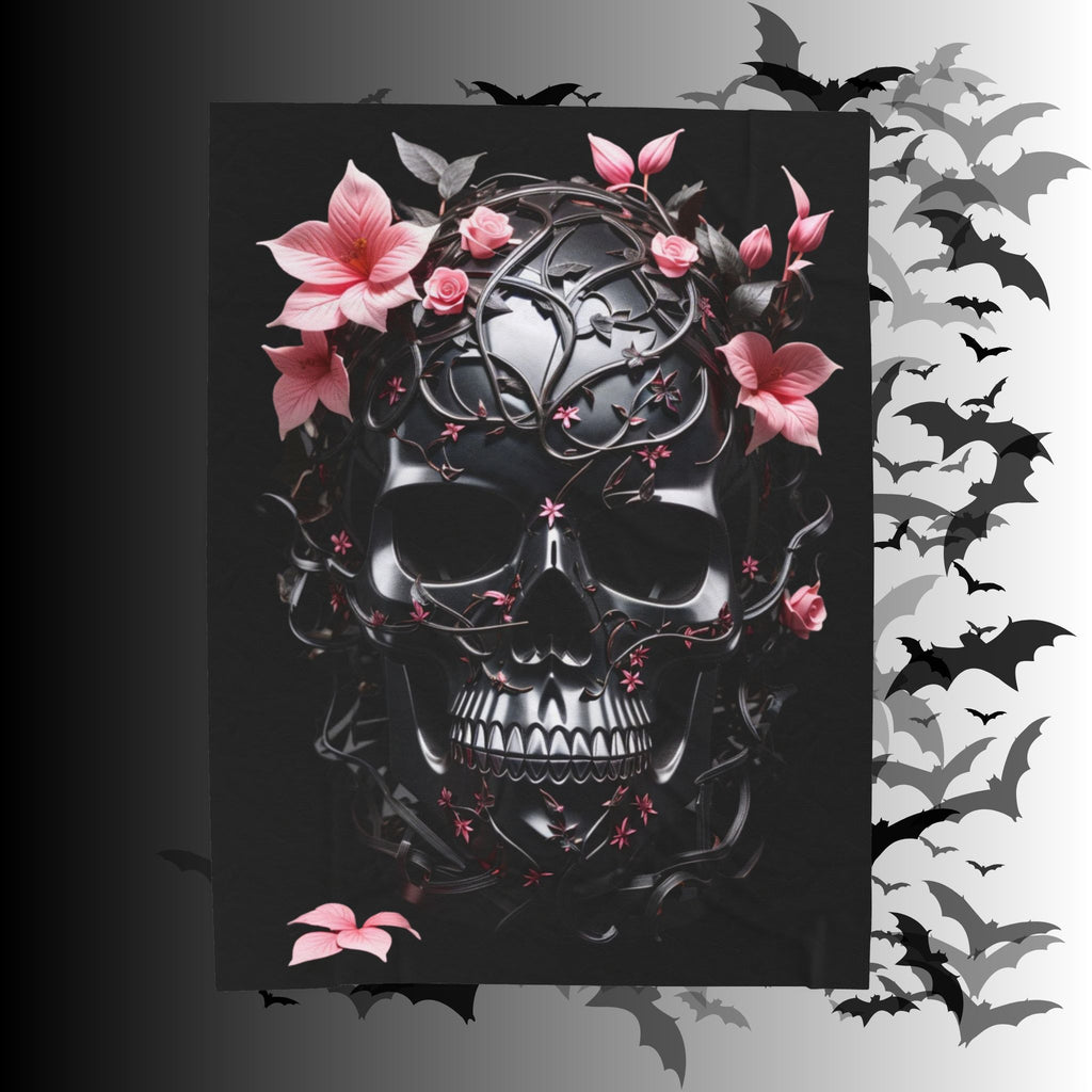 Pastel Goth Black & Pink Botanical Skull Throw Blanket — Dark Floral Home Decor
