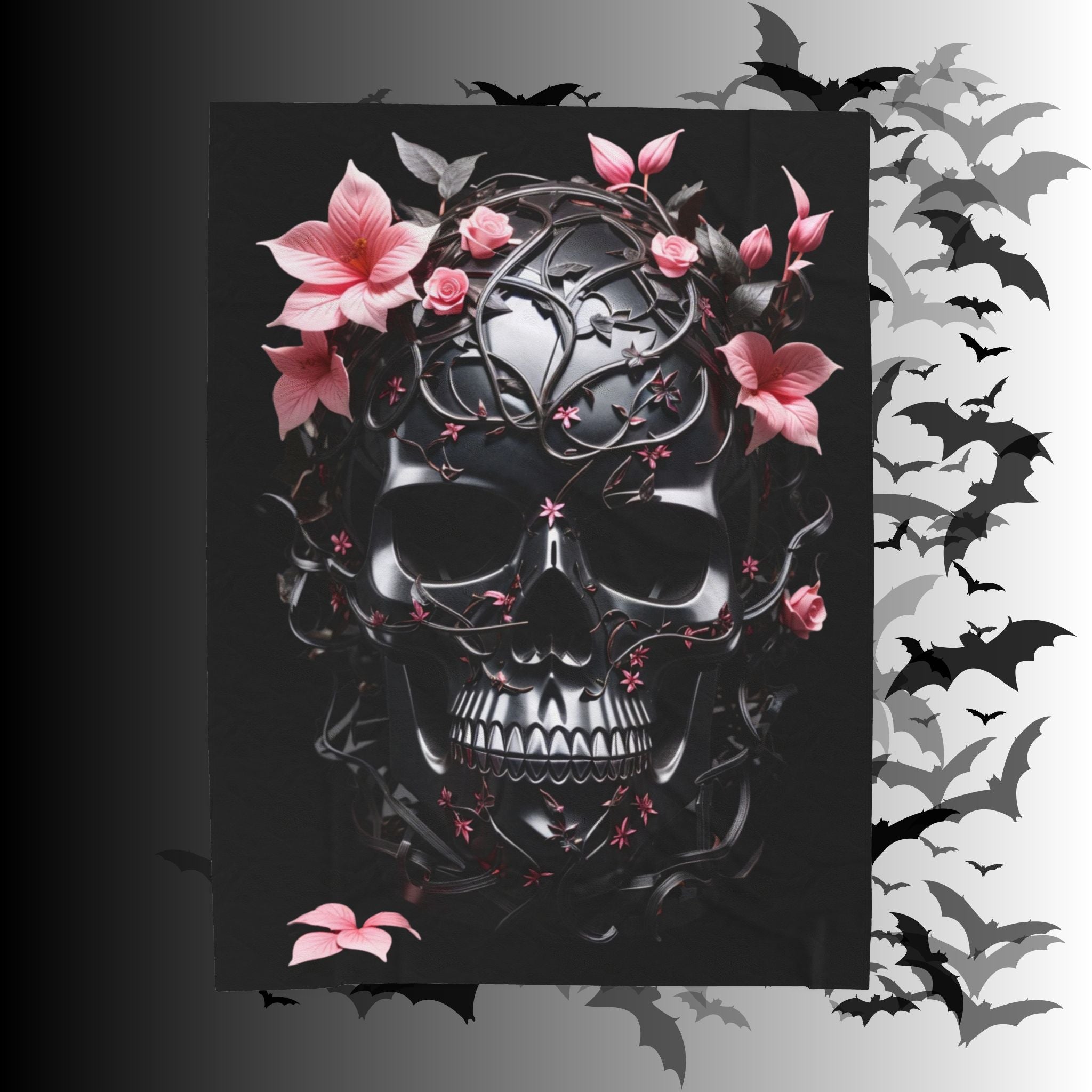 Pastel Goth Black & Pink Botanical Skull Throw Blanket — Dark Floral Home Decor