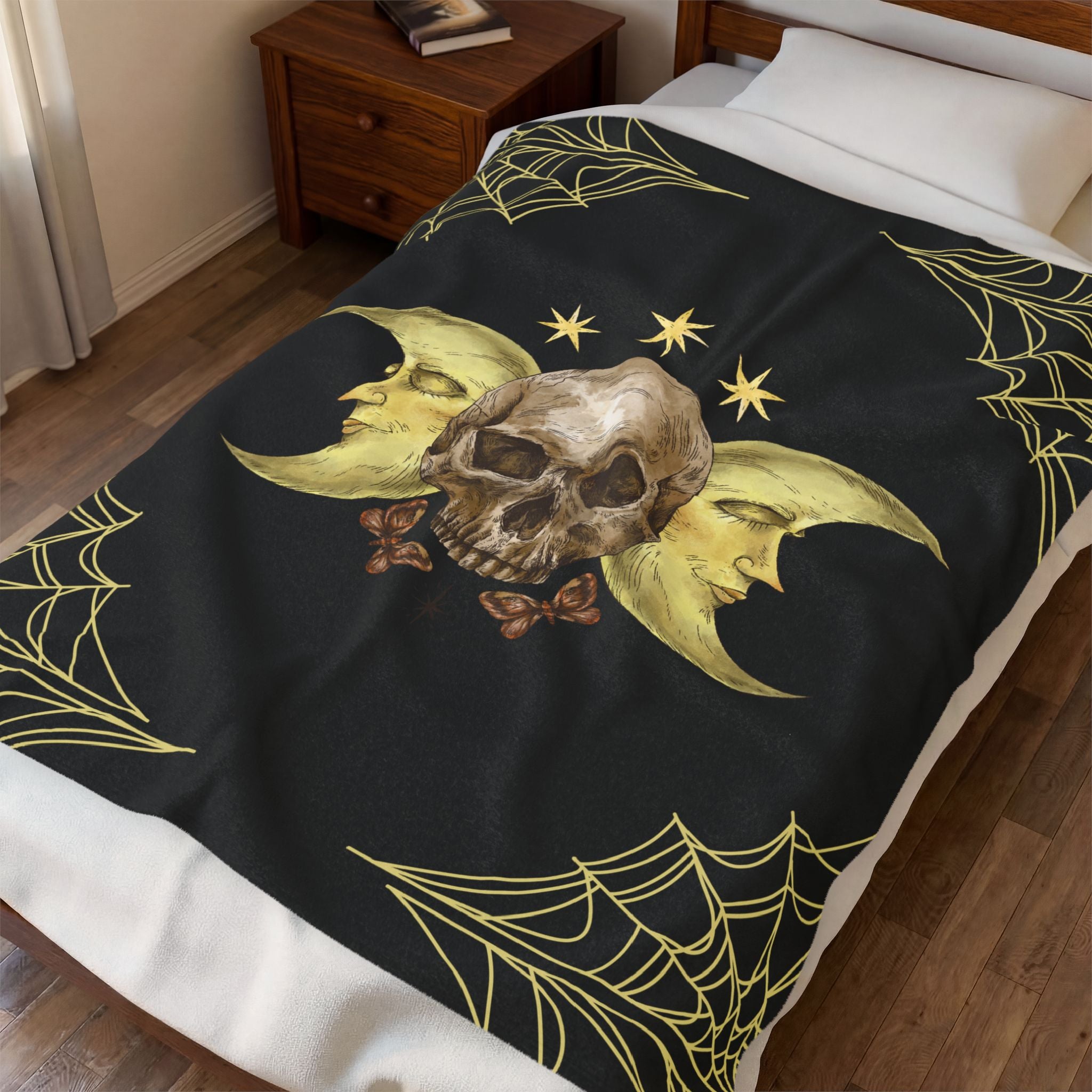 Gothic Gold Moon Skull Throw Blanket — Moonlit Halloween Home Decor