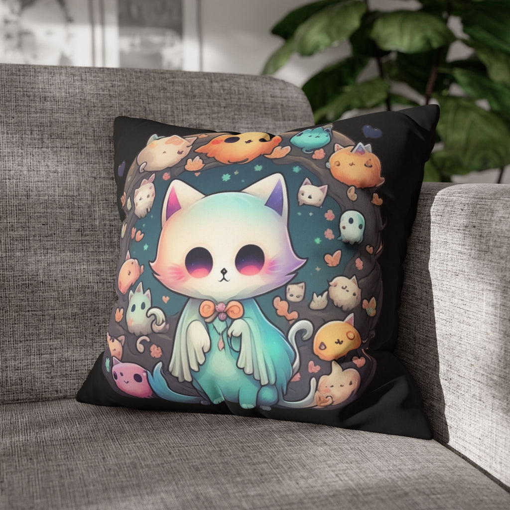 Creepy Cute Kawaii Ghost Cat Throw Pillow — Pastel Goth Dark Home Decor