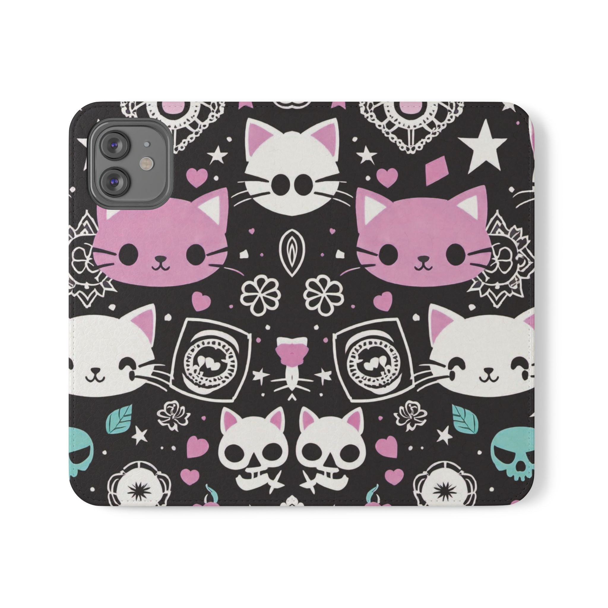 Pastel Goth Cat Flip Wallet Phone Case - Goth Cat Wallet Case for Samsung iPhone - Gothic Style Cats Wallet Phone Cases