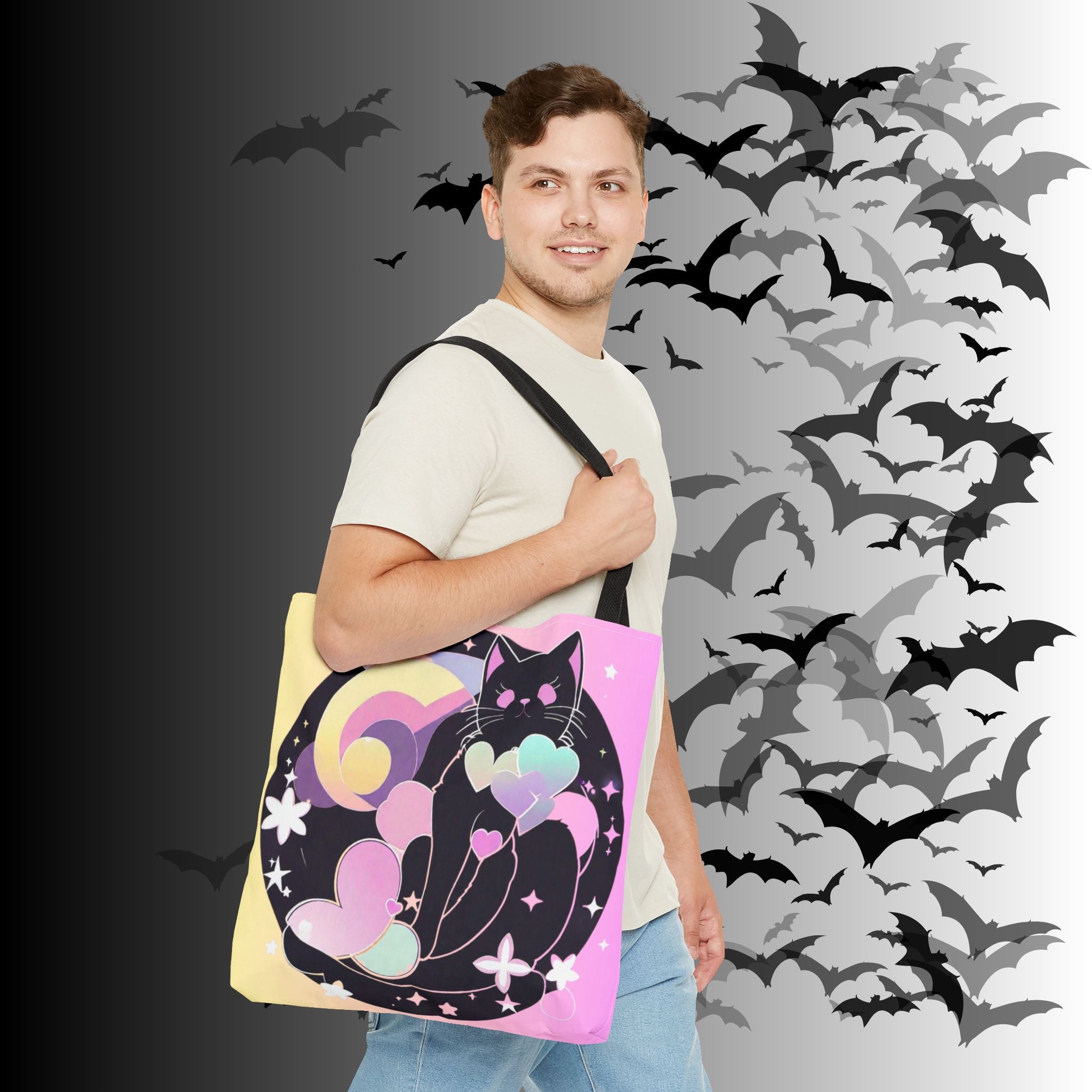 Pastel Goth Black Cat Heart Balloon Tote Bag — Kawaii Moon Print