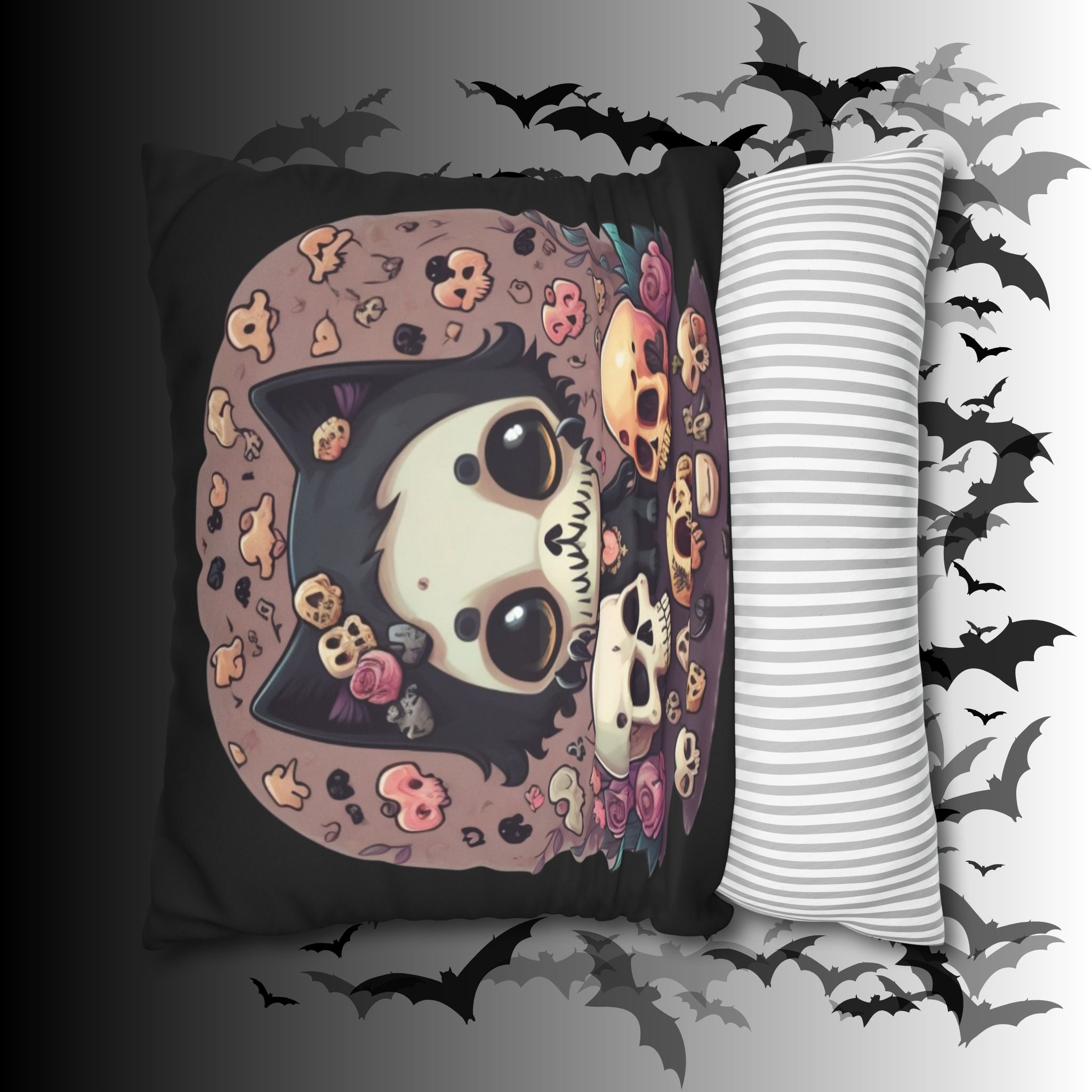 Gothic Skull Face Cat Throw Pillow — Creepy Cute Pastel Goth Home Decor