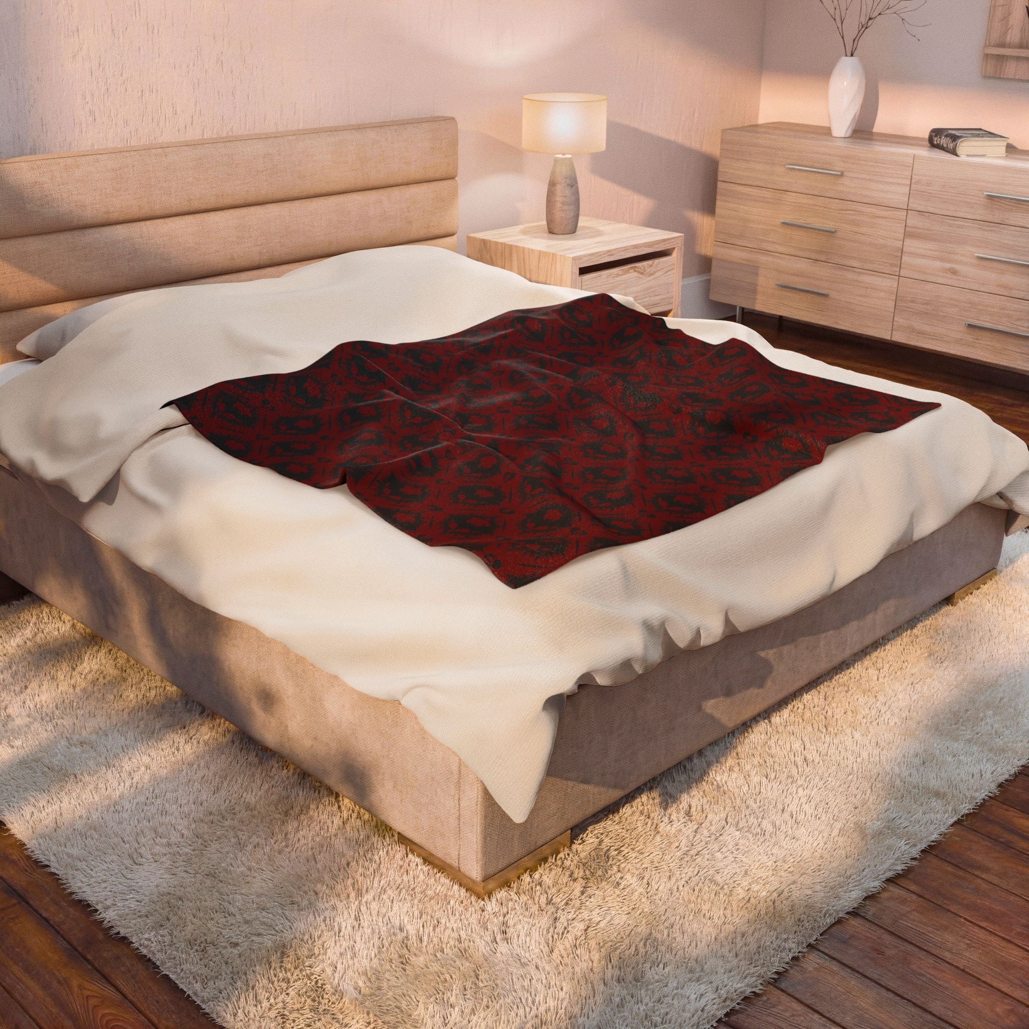 Gothic Bat & Skull Heart Throw Blanket — Crimson Red Colorway