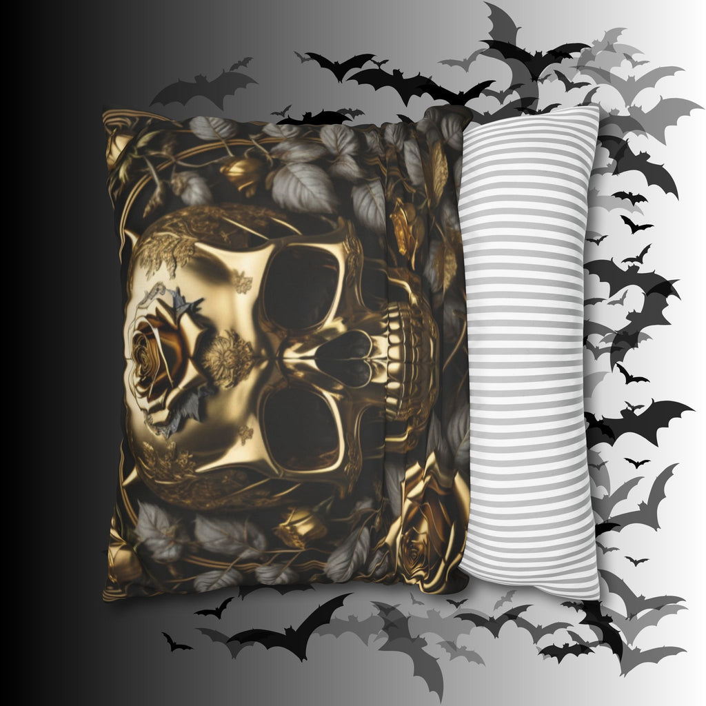 Gothic Gold Black Rose Skull Throw Pillow — Dark Floral Botanical Home Decor