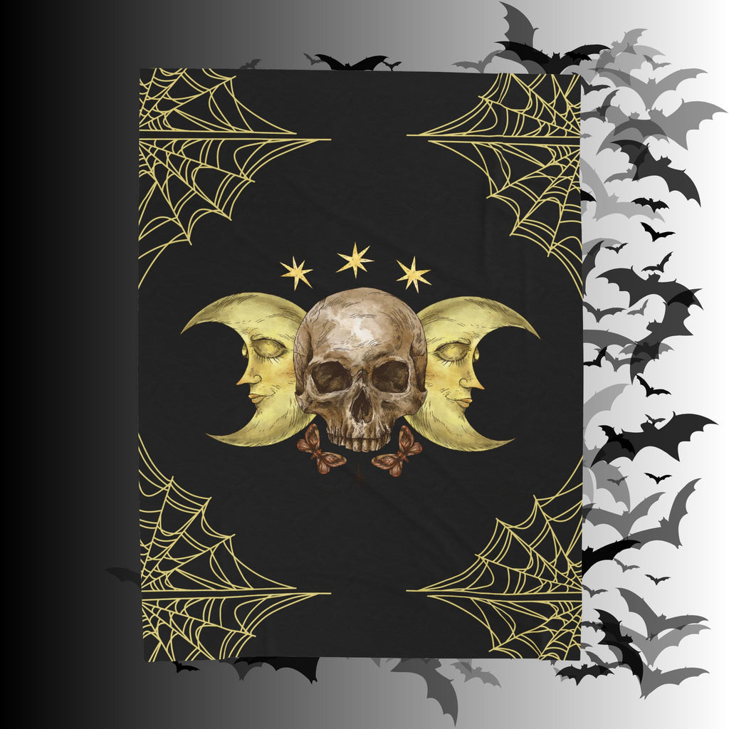 Gothic Gold Moon Skull Throw Blanket — Moonlit Halloween Home Decor