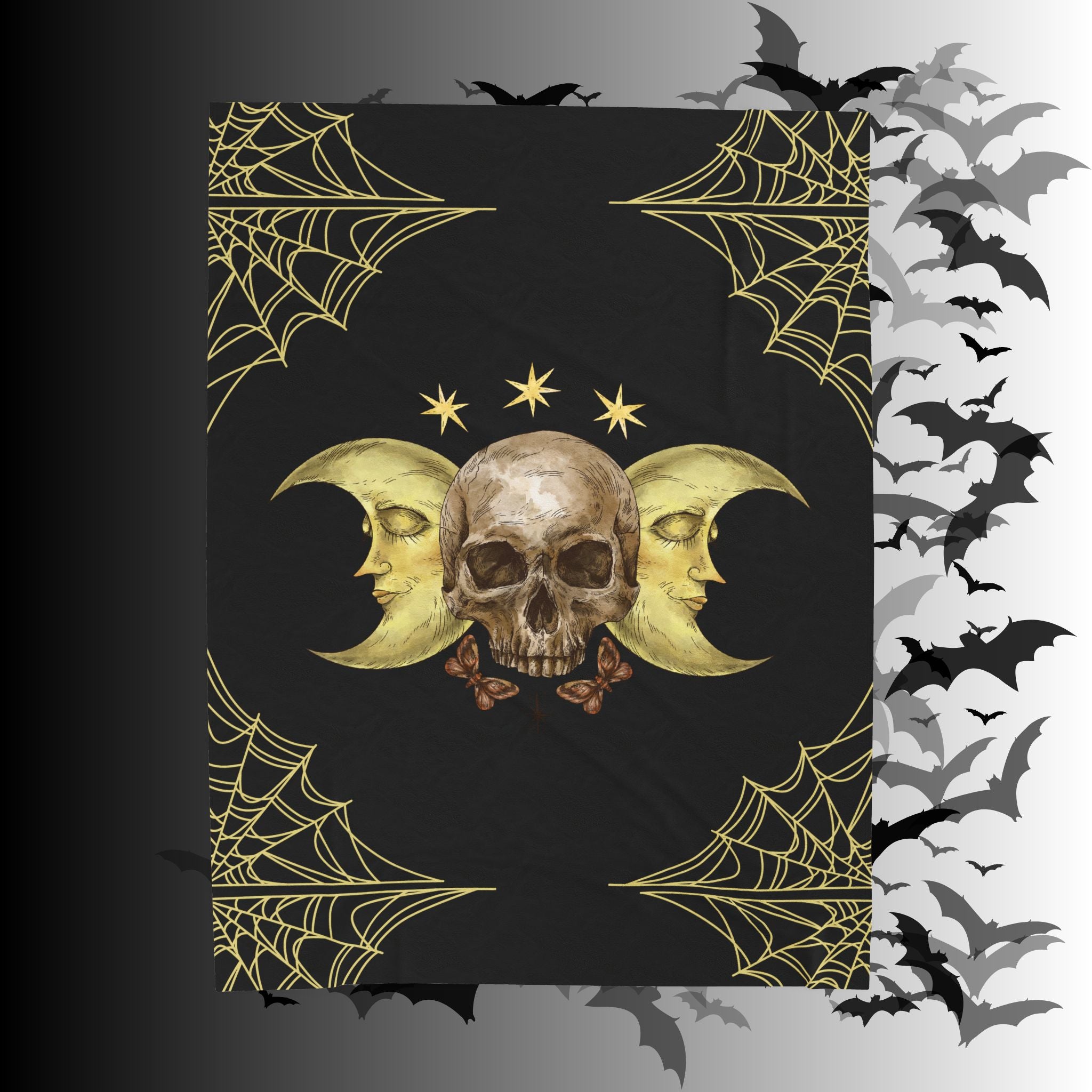 Gothic Gold Moon Skull Throw Blanket — Moonlit Halloween Home Decor