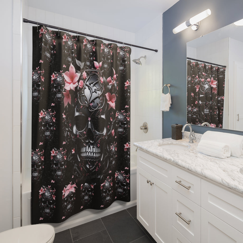 Gothic shower curtain with repeating ornate dark filigree skulls and pink tropical floral accents on a black background