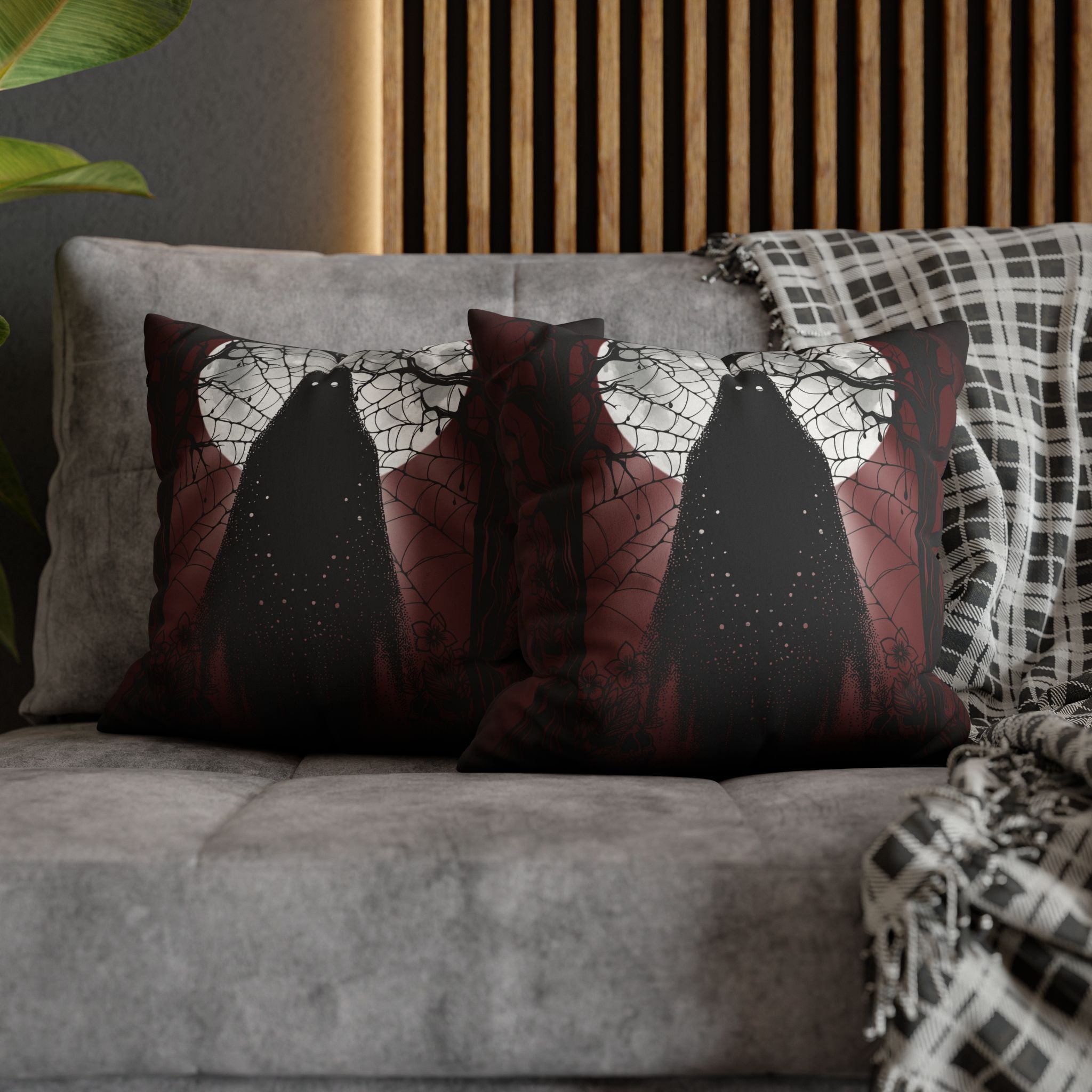 Gothic Ghost Cobweb Moon Throw Pillow — Spooky Halloween Dark Home Decor