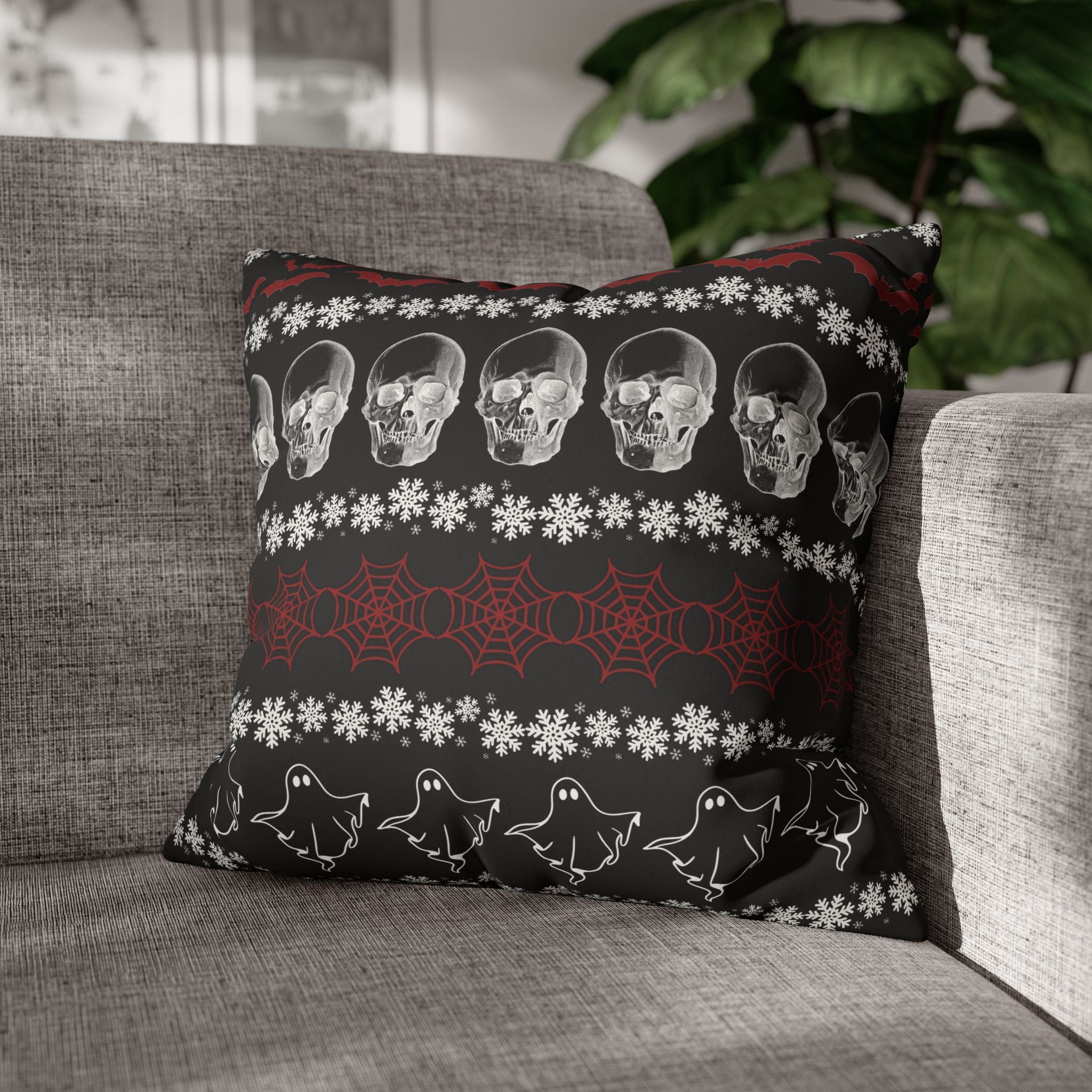 Merry Creepmas Gothic Ugly Sweater Throw Pillow — Goth Holiday Dark Home Decor