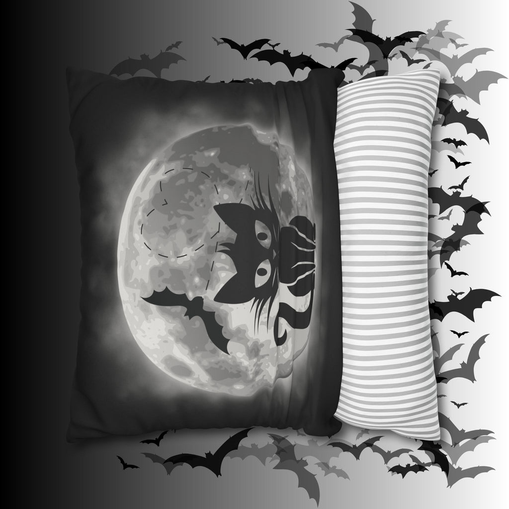 Gothic Black Cat Full Moon Throw Pillow — Bat Dark Home Decor