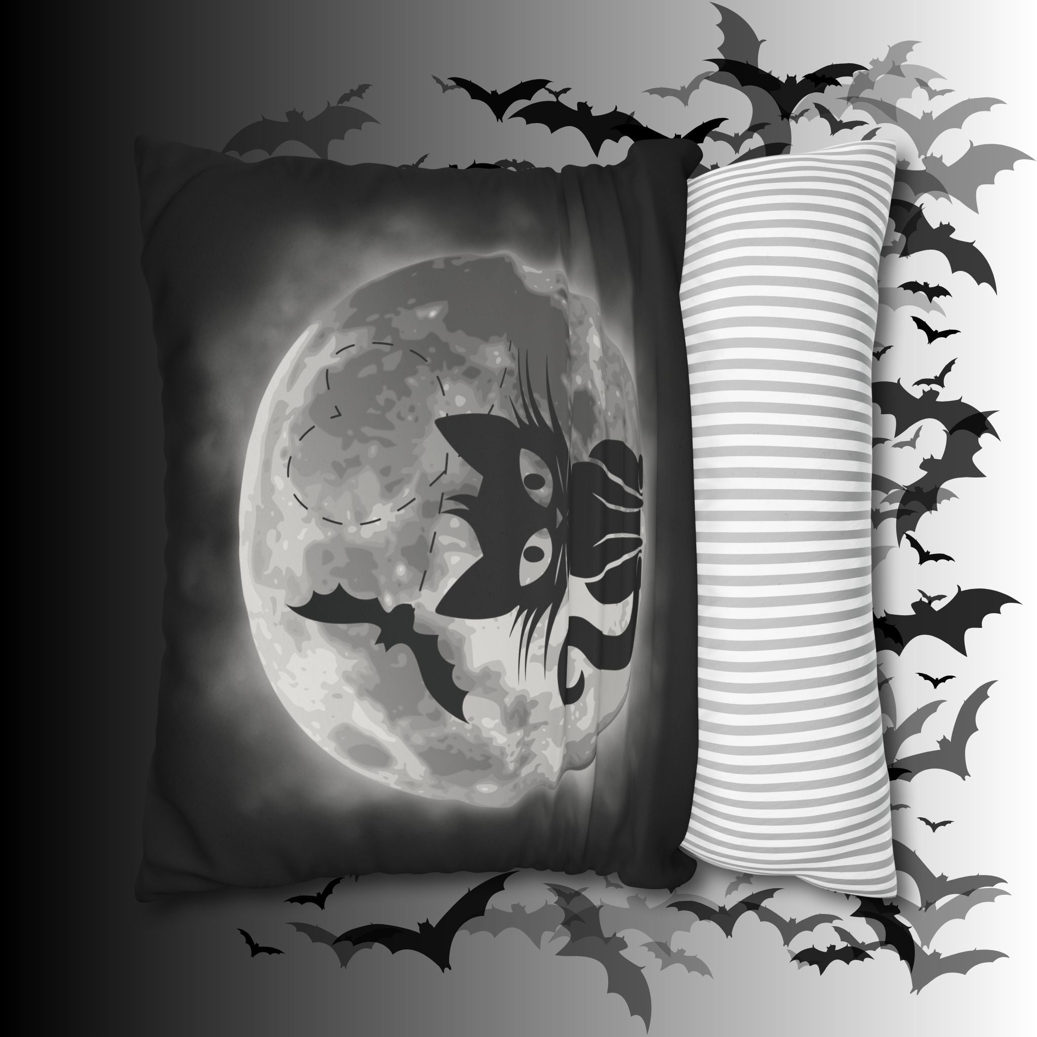 Gothic Black Cat Full Moon Throw Pillow — Bat Dark Home Decor