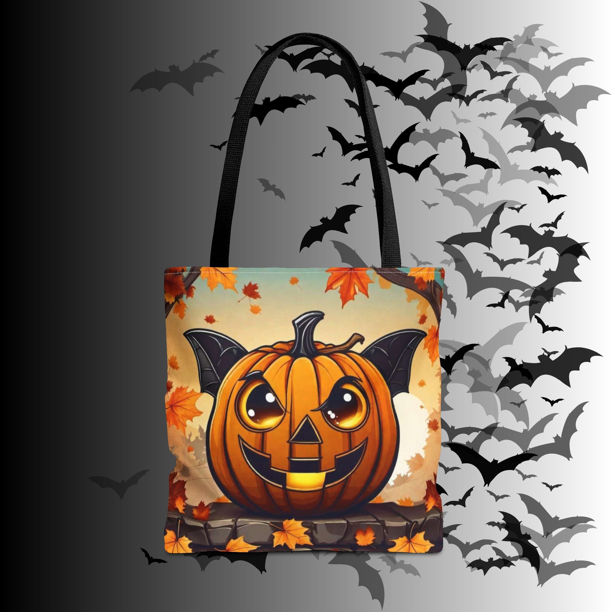 Bat Wing Jack-o'-Lantern Halloween Tote Bag — Autumn Leaves Print