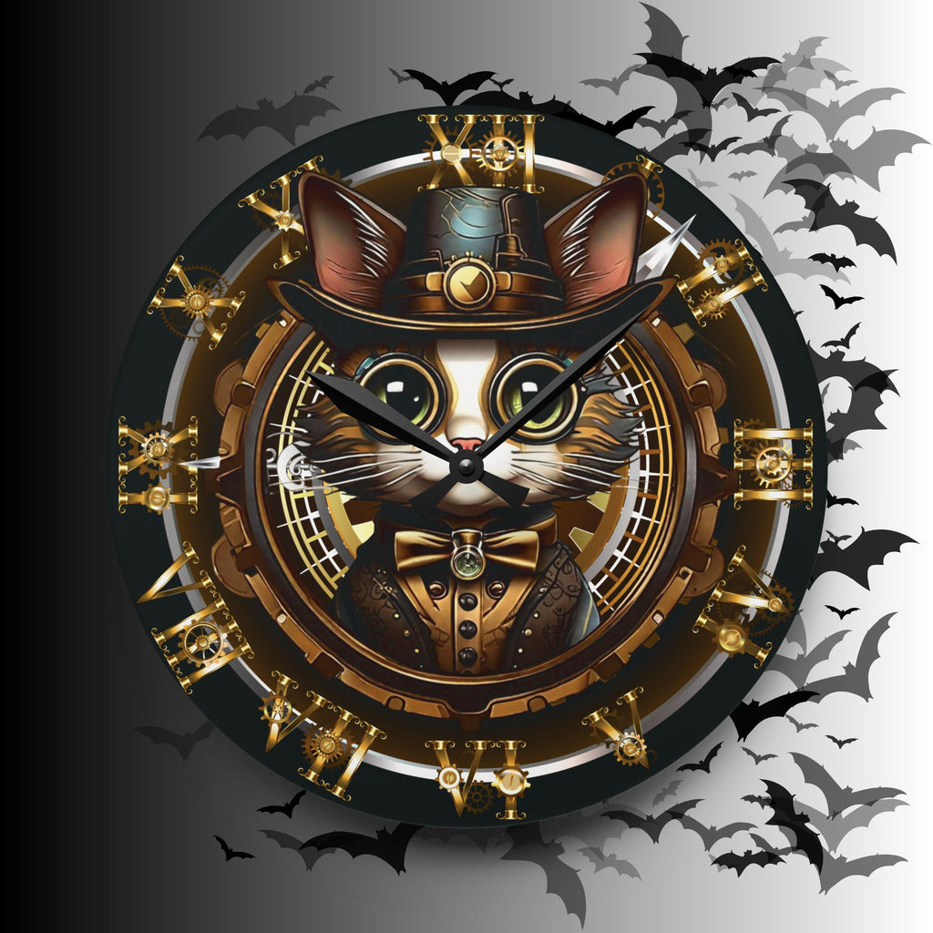 Steampunk Cat Wall Clock — Victorian Gear Acrylic Art Print Home Decor