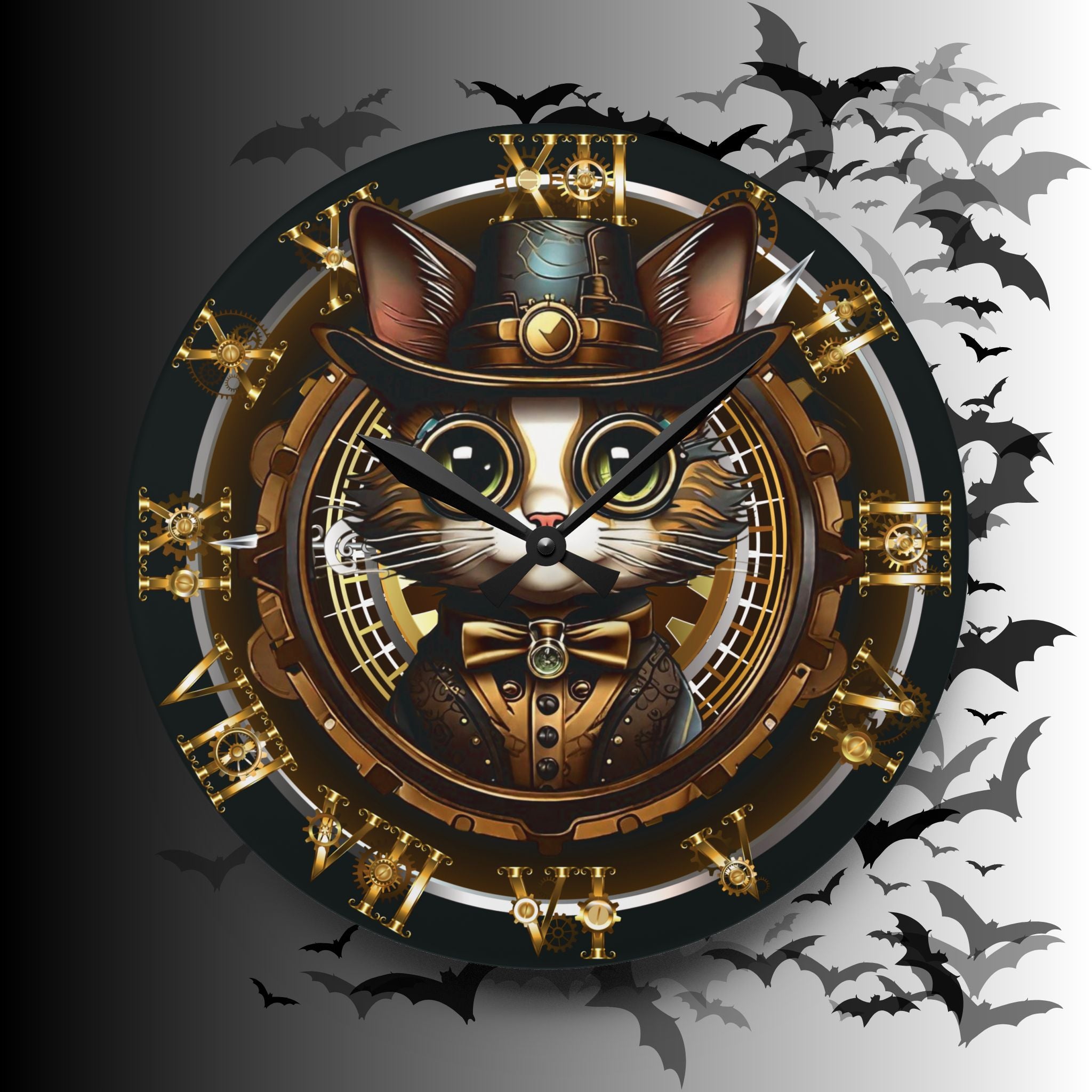 Steampunk Cat Wall Clock — Victorian Gear Acrylic Art Print Home Decor