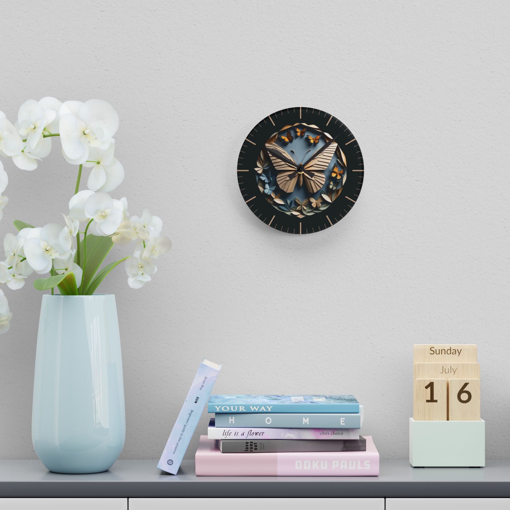 Origami Style Butterfly Acrylic Art Print Wall Clock — NOT Real Origami, Modern Zen Home Decor