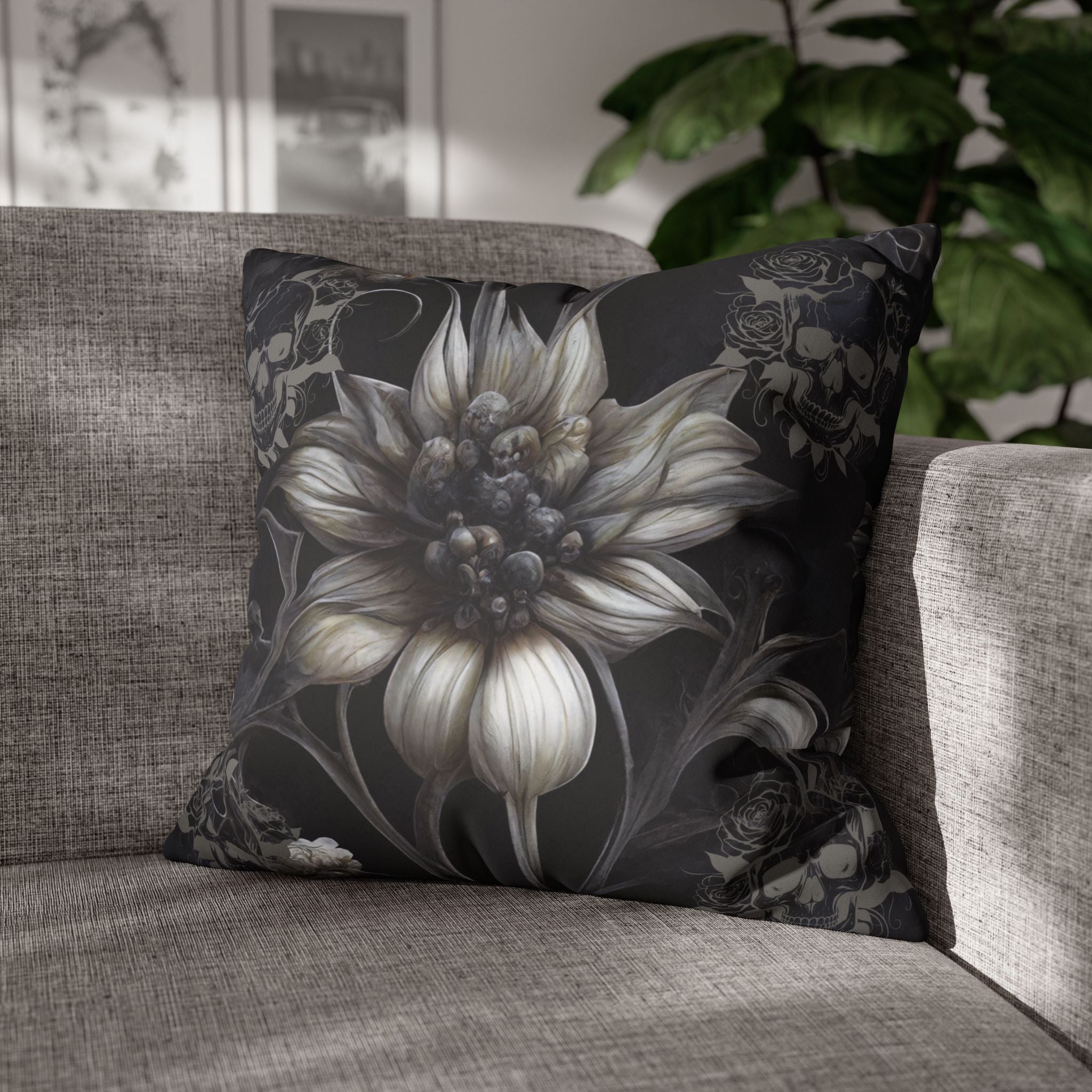 Gothic Skull Botanical Sunflower Throw Pillow — Dark Floral Home Decor