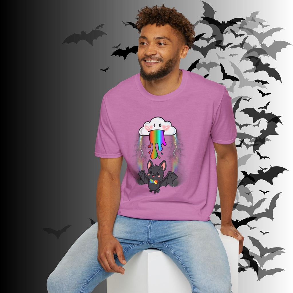 Rainbow Vomit Cloud Bat T-Shirt — Kawaii Goth Pride Unisex Tee