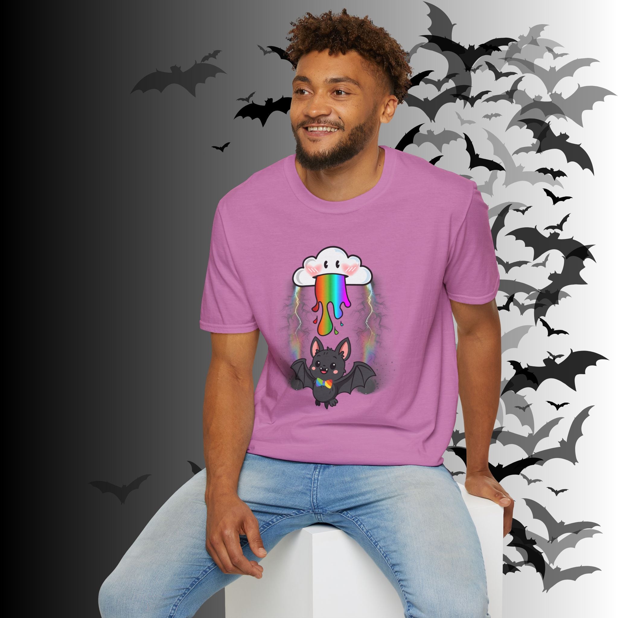 Rainbow Vomit Cloud Bat T-Shirt — Kawaii Goth Pride Unisex Tee
