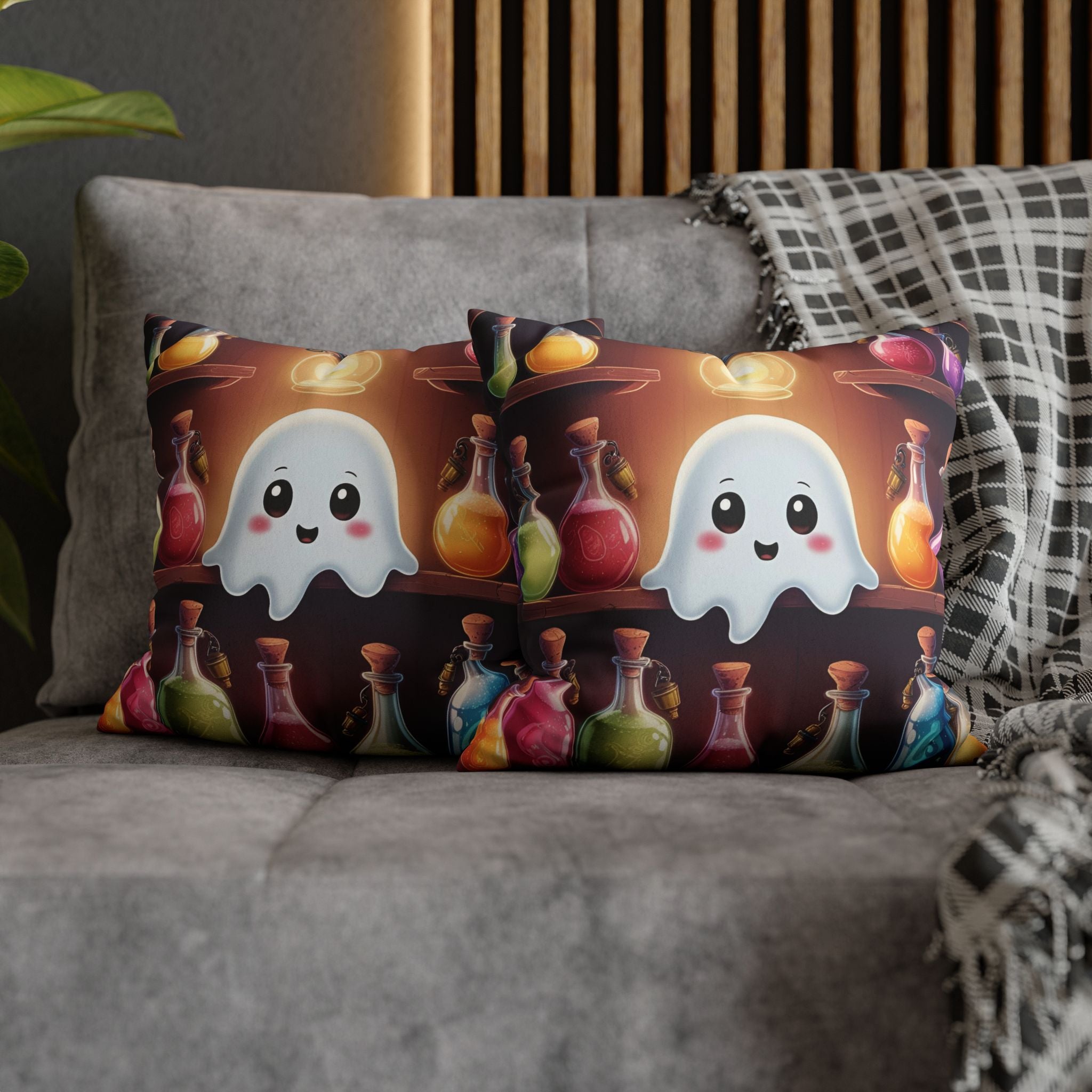 Apothecary Ghost Throw Pillow — Whimsigoth Potion Shelf Dark Home Decor