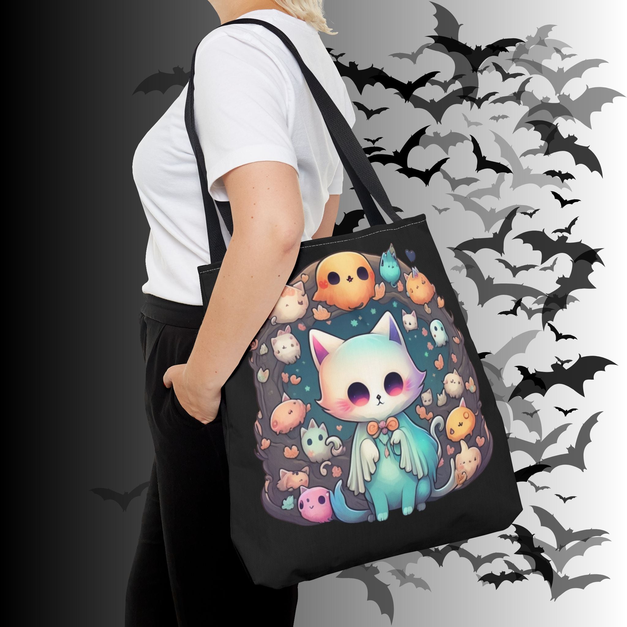 Pastel Goth Ghost Cat Tote Bag — Kawaii Spooky All-Over Print