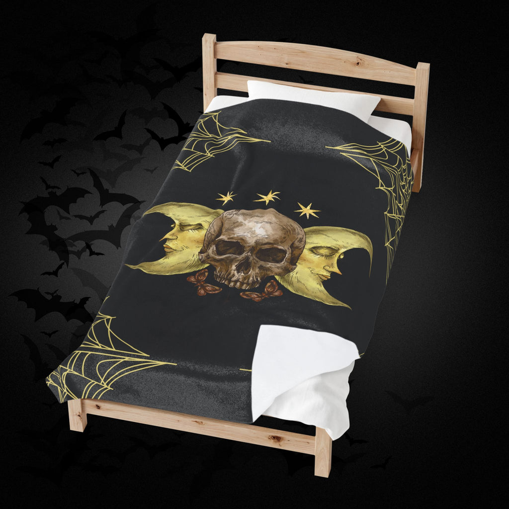 Gothic Gold Moon Skull Throw Blanket — Moonlit Halloween Home Decor