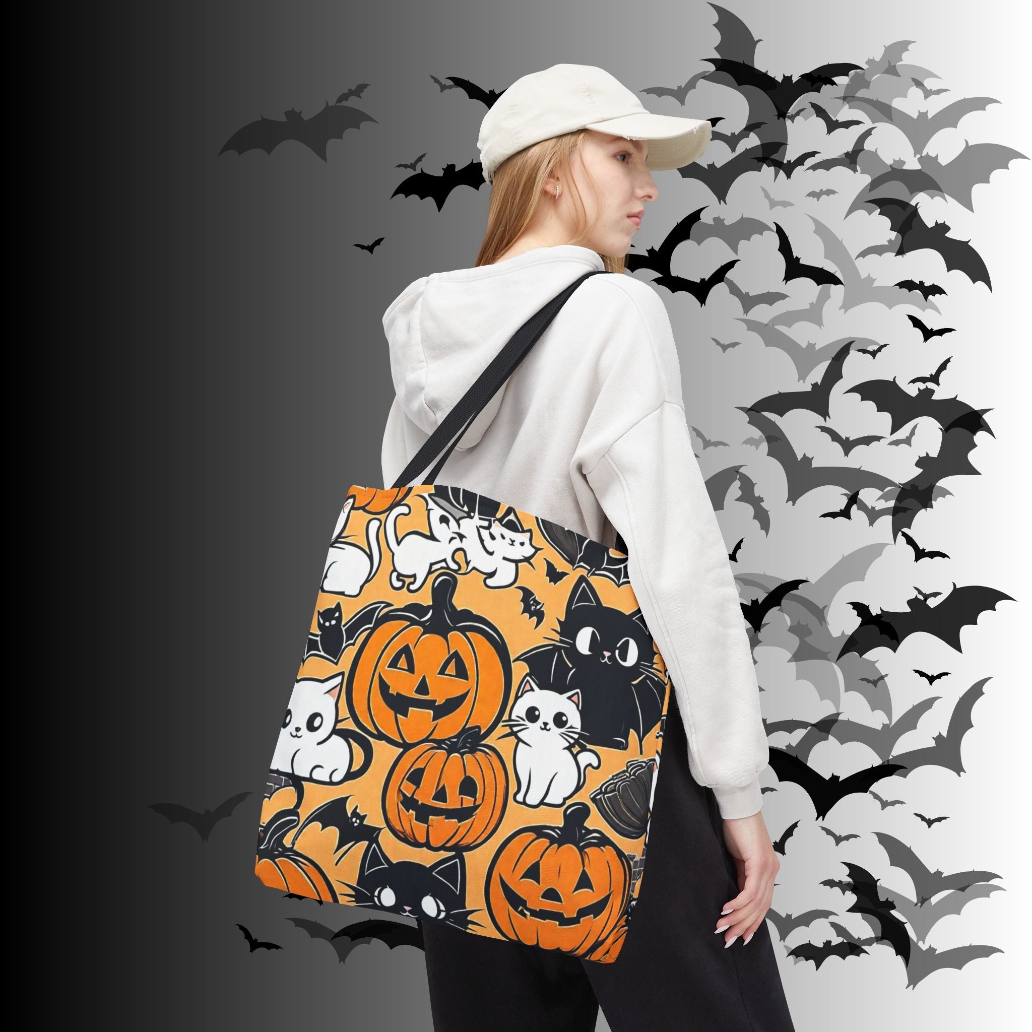 Kawaii Halloween Cat & Pumpkin Tote Bag — Spooky Cute Pattern