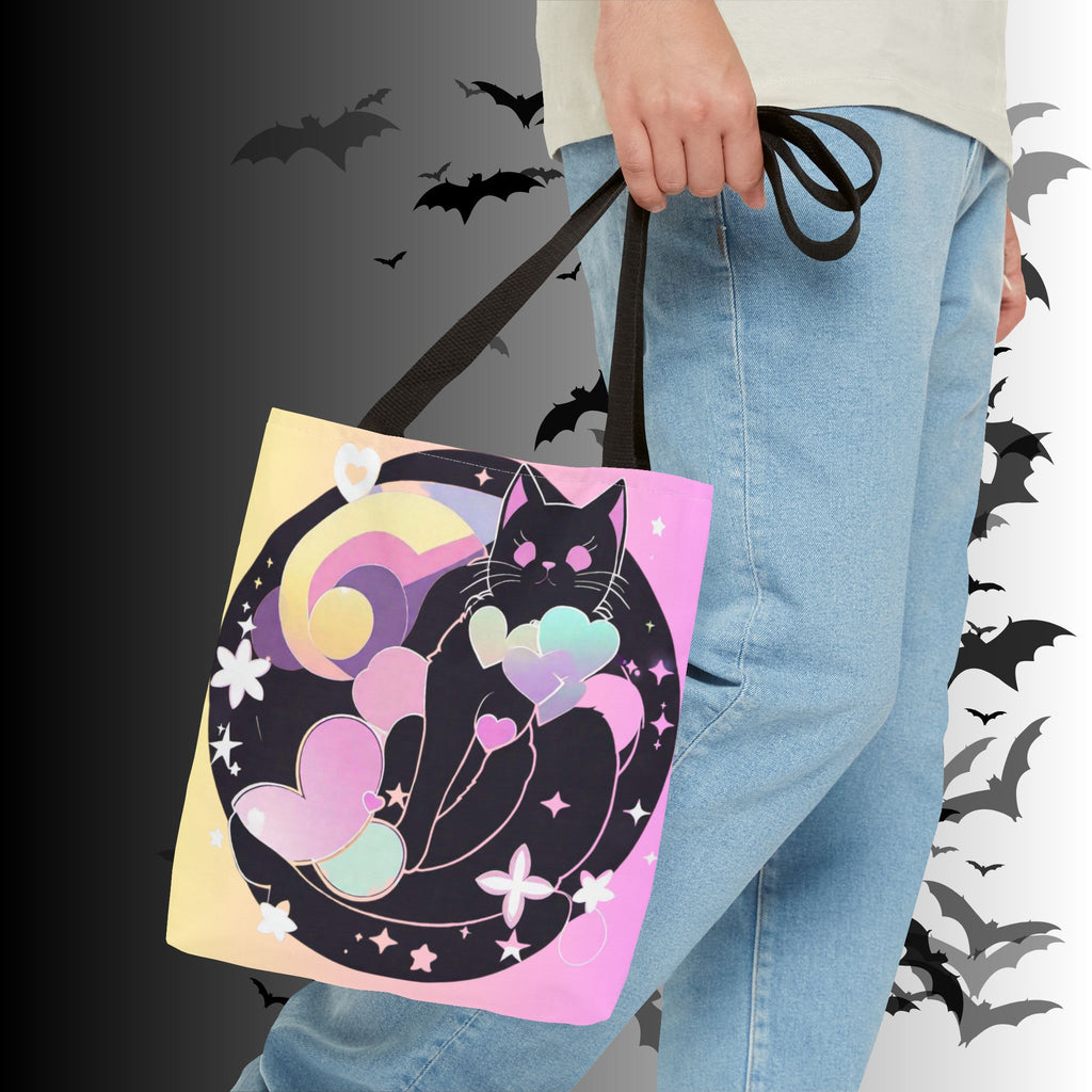 Pastel Goth Black Cat Heart Balloon Tote Bag — Kawaii Moon Print