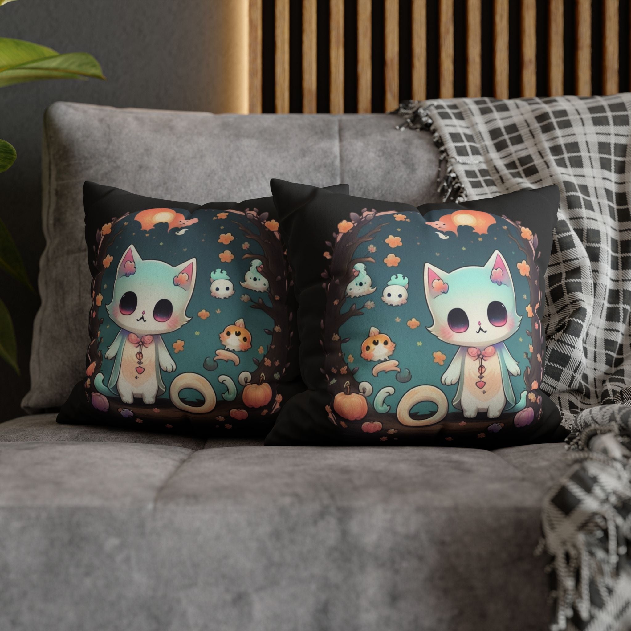 Creepy Cute Pastel Goth Cat Throw Pillow — Kawaii Halloween Dark Home Decor
