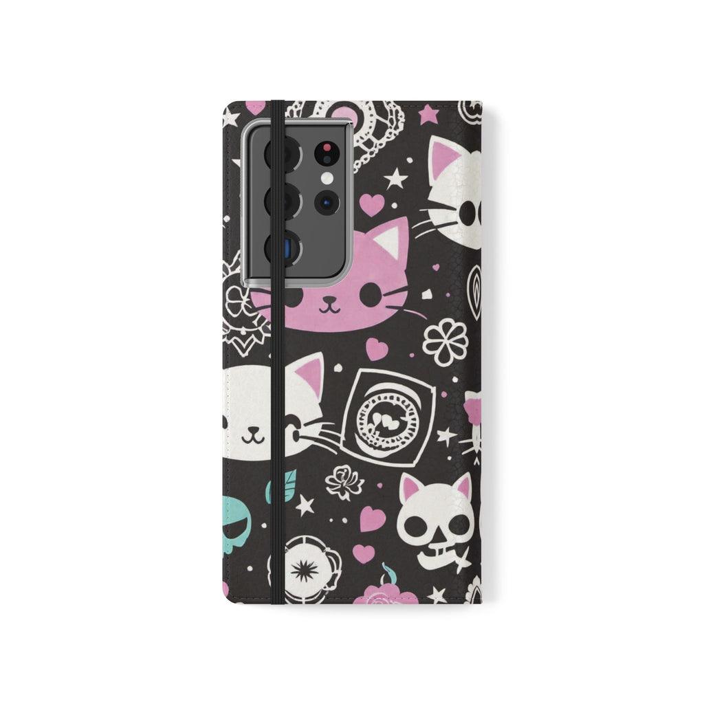 Pastel Goth Cat Flip Wallet Phone Case - Goth Cat Wallet Case for Samsung iPhone - Gothic Style Cats Wallet Phone Cases