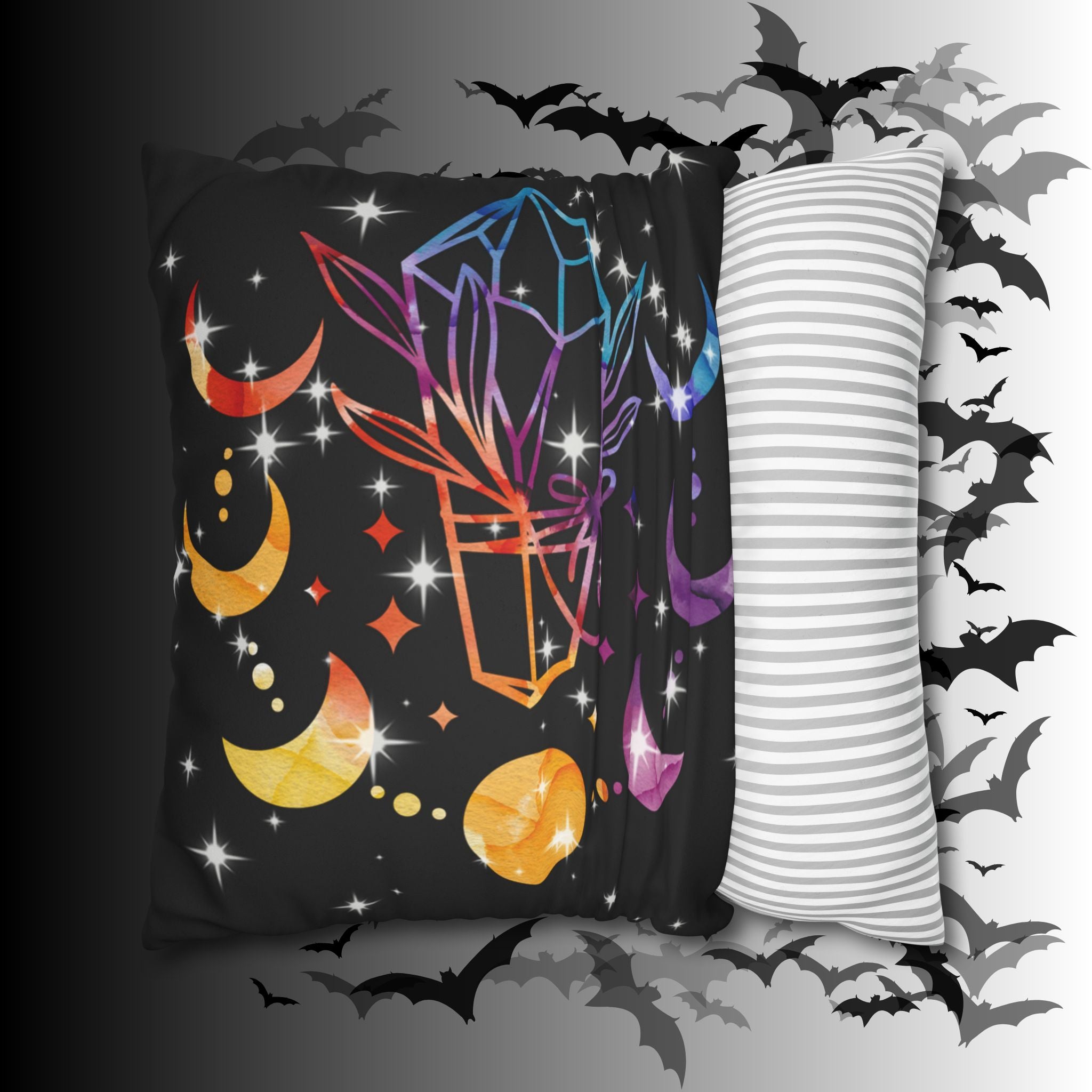 Rainbow Crystal Celestial Throw Pillow — Witchy Gothic Dark Home Decor